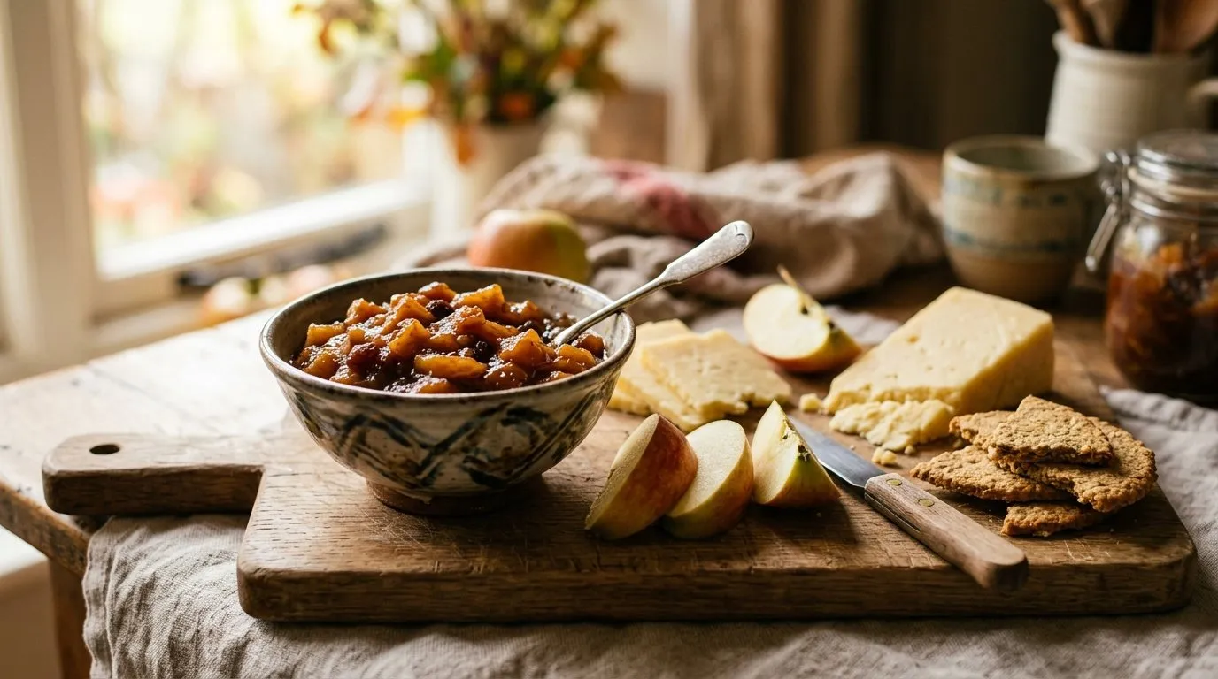 UK apple chutney served on a wooden cheese board with cheddar oatcakes and apple slices