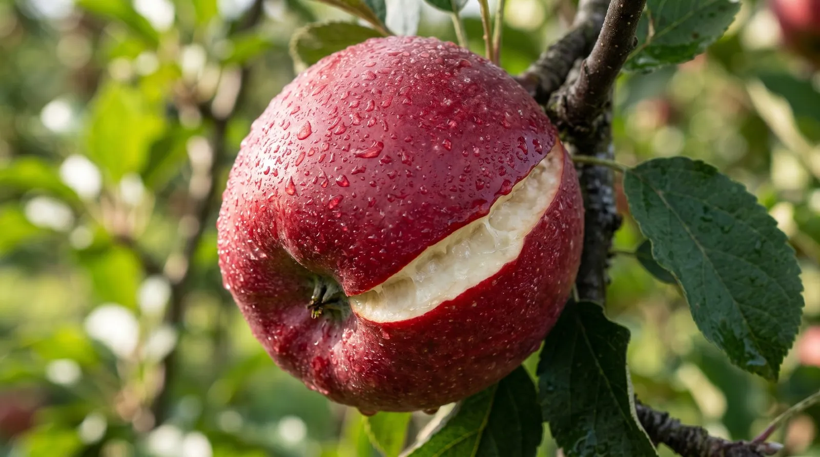 Extreme close-up of a single smooth-edged radial growth crack on a red apple, the clean flesh visible inside the split