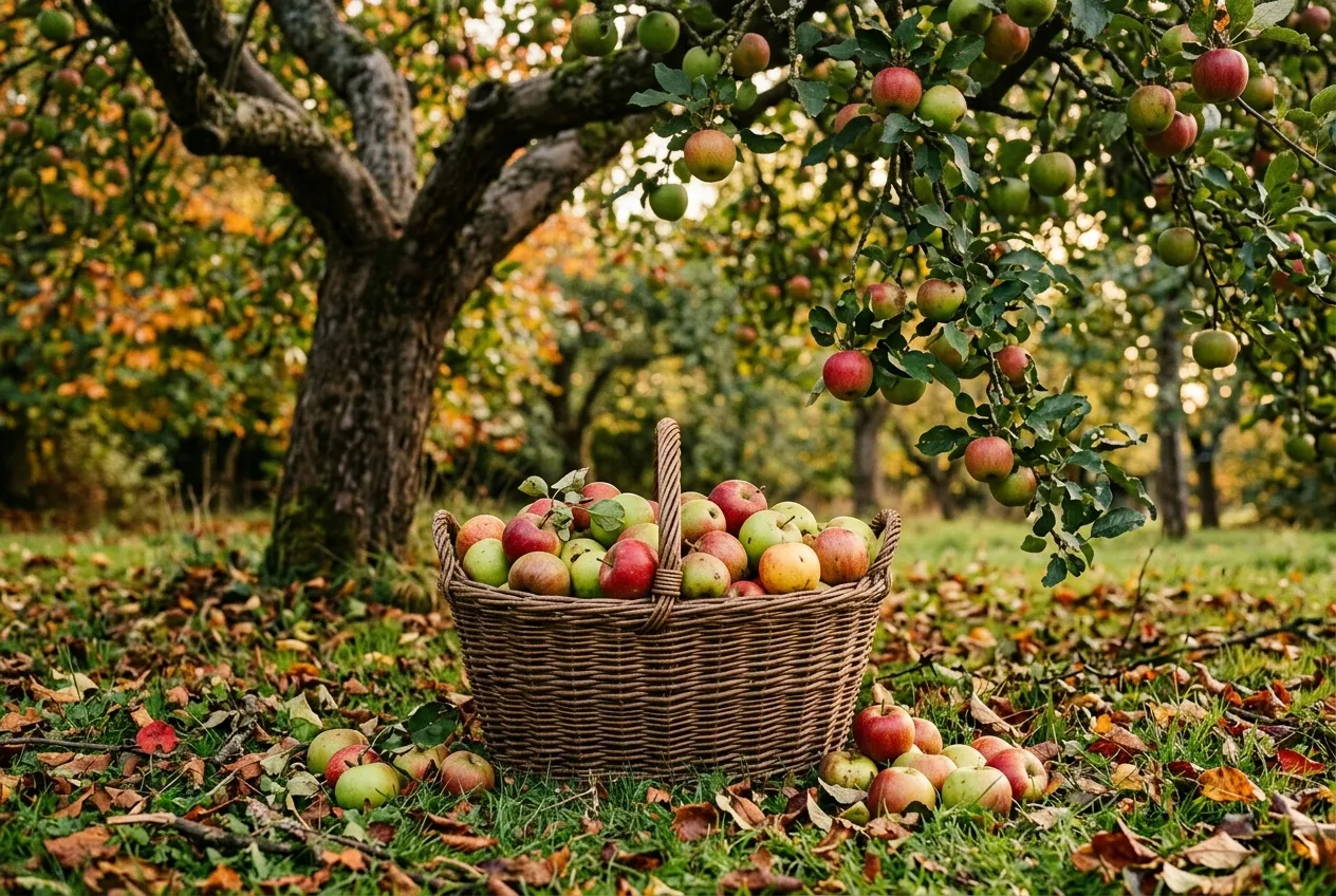 Wicker basket of freshly picked apple varieties under a tree in a UK garden with autumn light