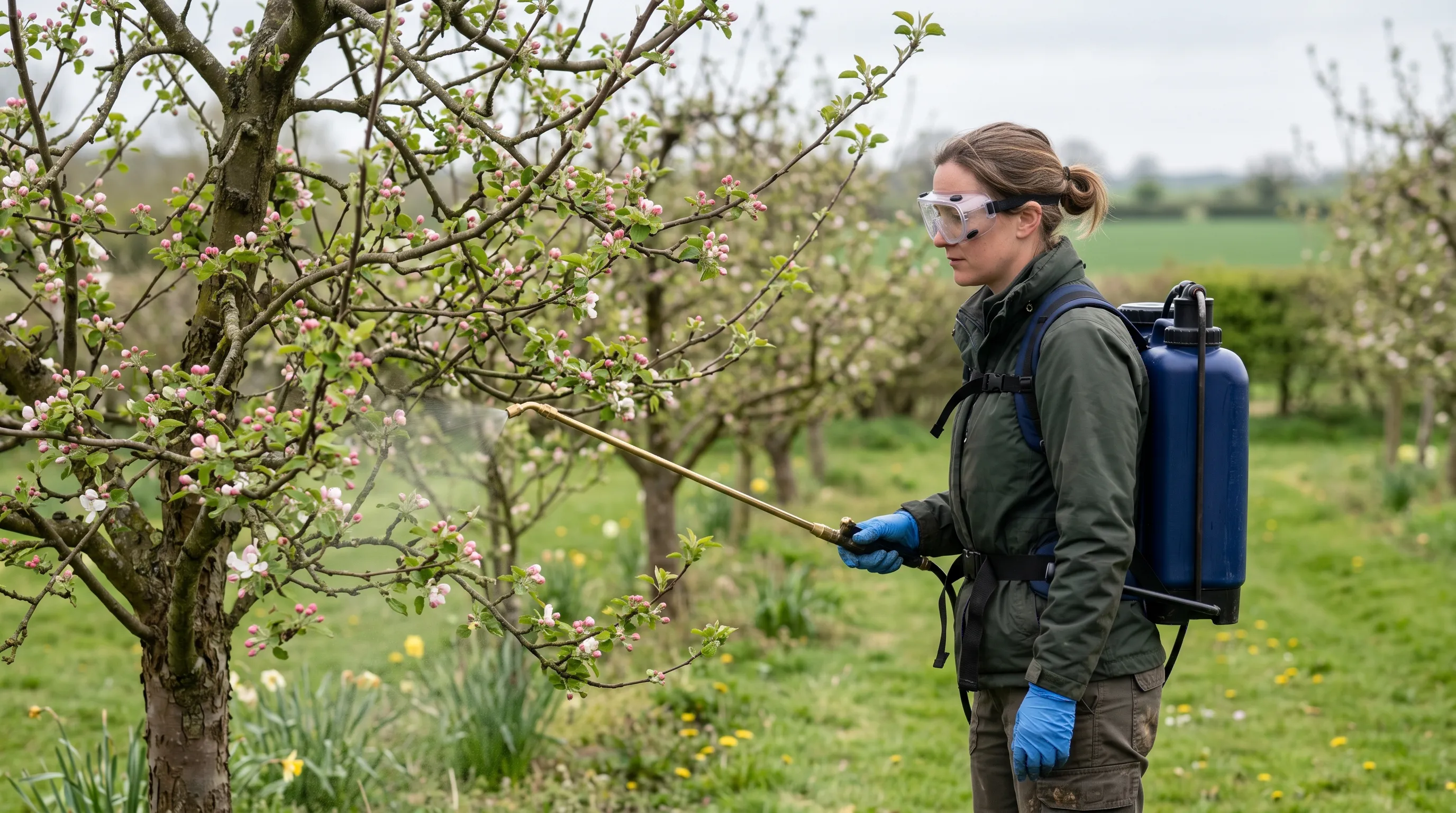 A UK gardener with a knapsack sprayer applying a copper-based fungicide to an apple tree in early April at the pink bud stage, with the spray nozzle held below the lowest branches and the operator wearing protective gloves and goggles