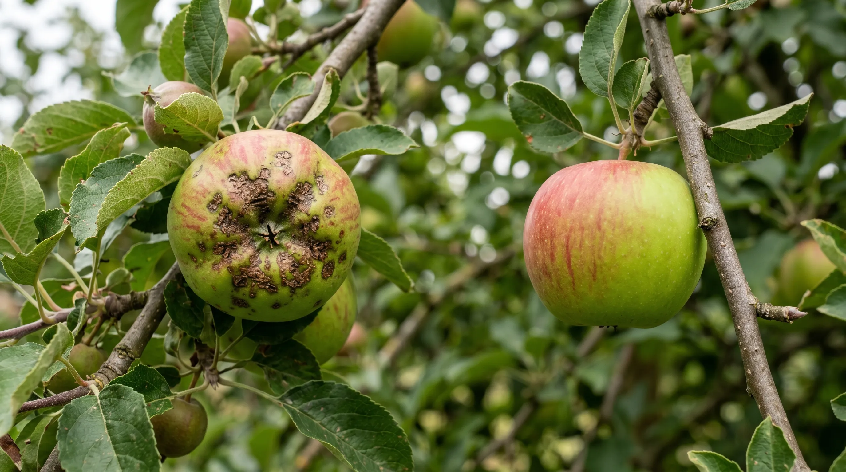 A close-up diagnostic of a UK apple fruit on the branch showing classic corky scab lesions clustered around the calyx end of the fruit, with a clean fruit on a neighbouring branch for comparison