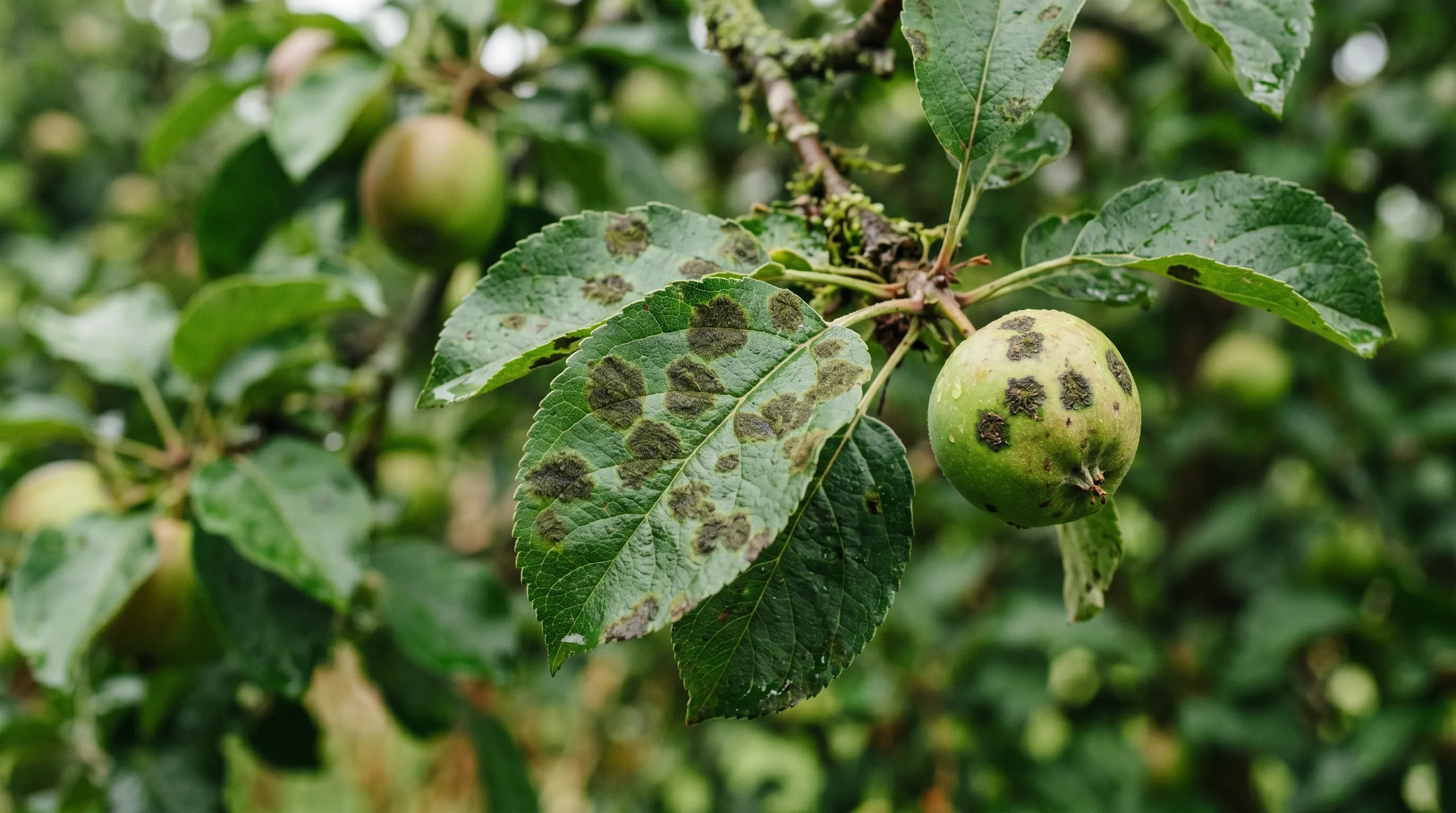 Diagnostic close-up of UK apple leaves showing dark olive-green scab lesions with feathery margins and matching scab spots on a developing apple fruit