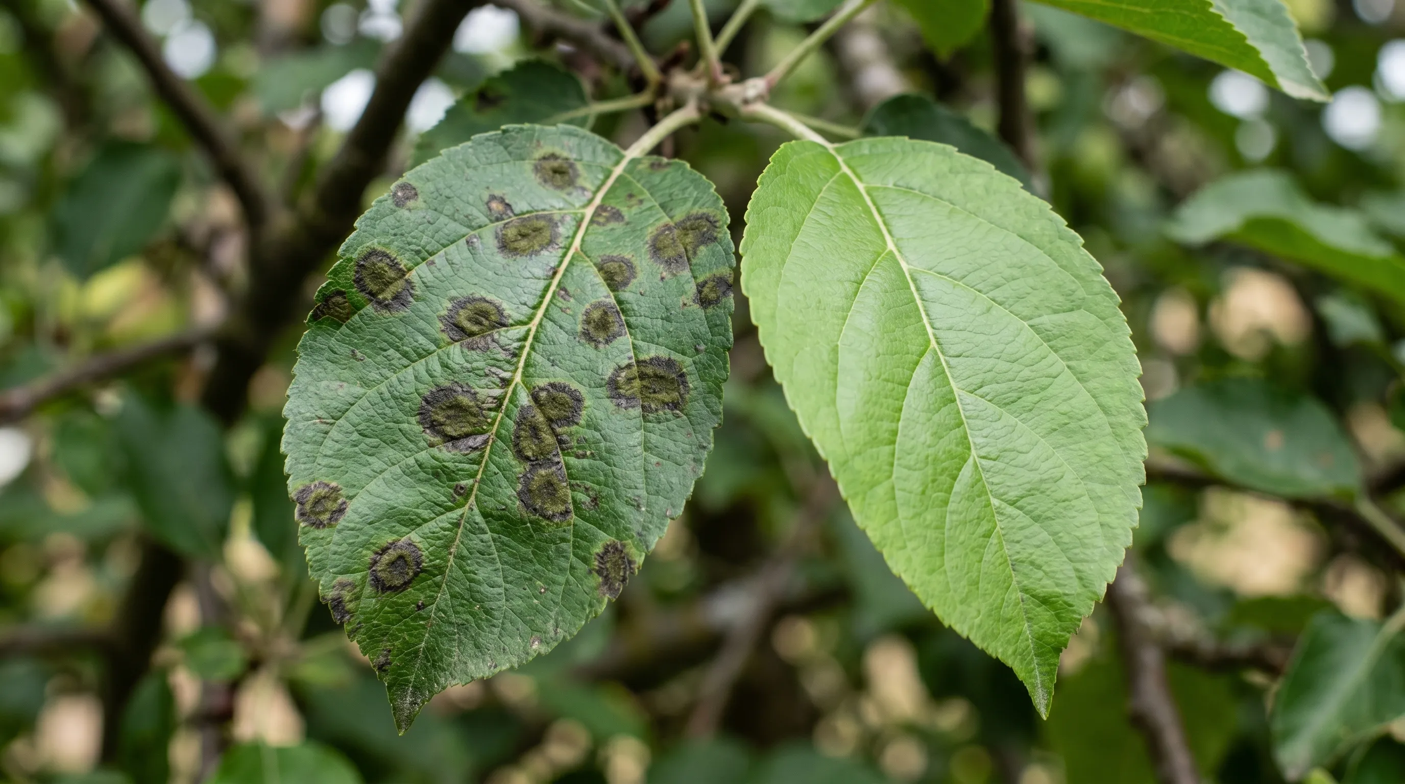 A diagnostic close-up of a UK apple leaf showing olive-green to dark brown circular scab lesions with feathery margins clustered along the leaf veins, with a healthy green leaf beside for comparison