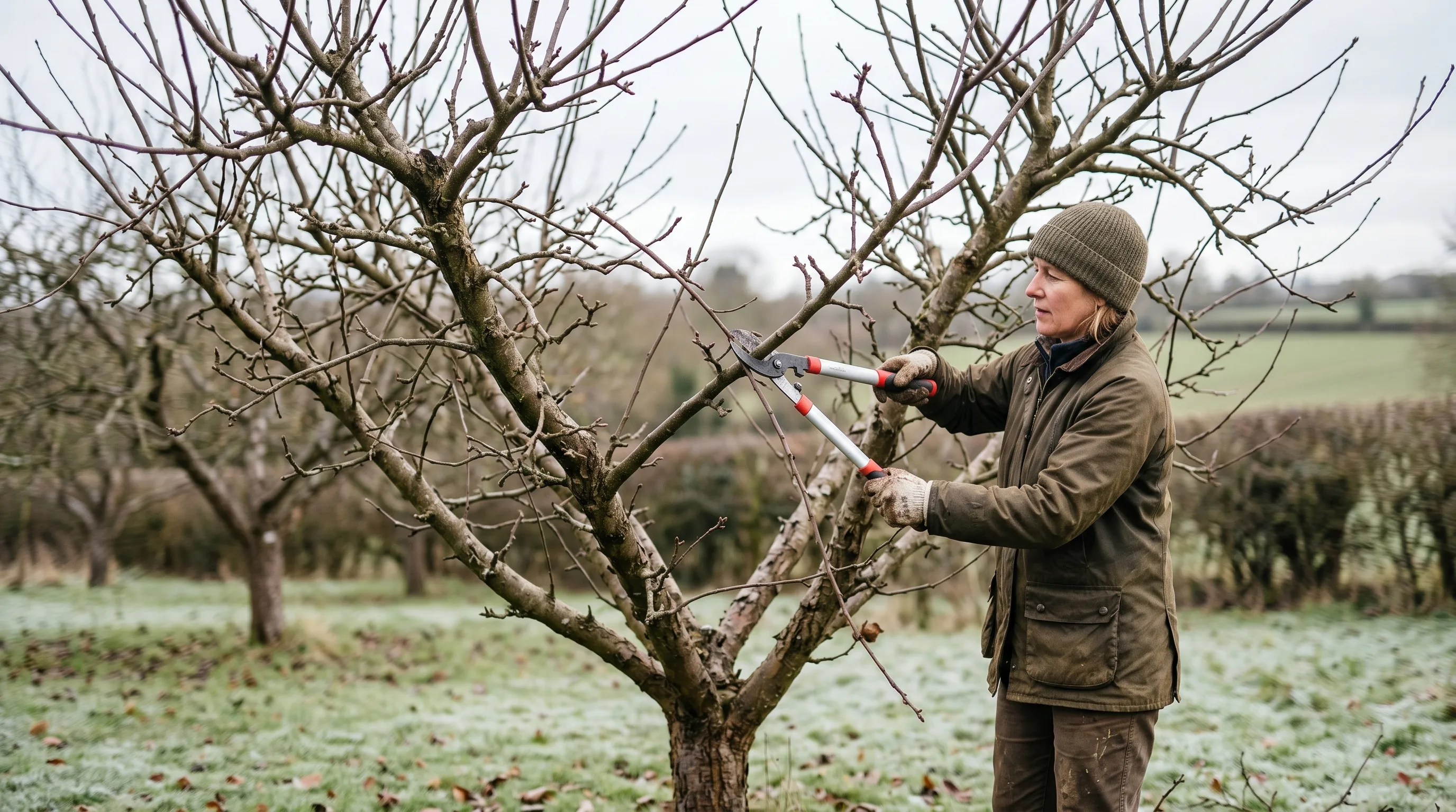 A UK gardener pruning an apple tree in winter to open the canopy, with bypass loppers cutting an inward-growing branch and the tree showing a clear vase-shape structure