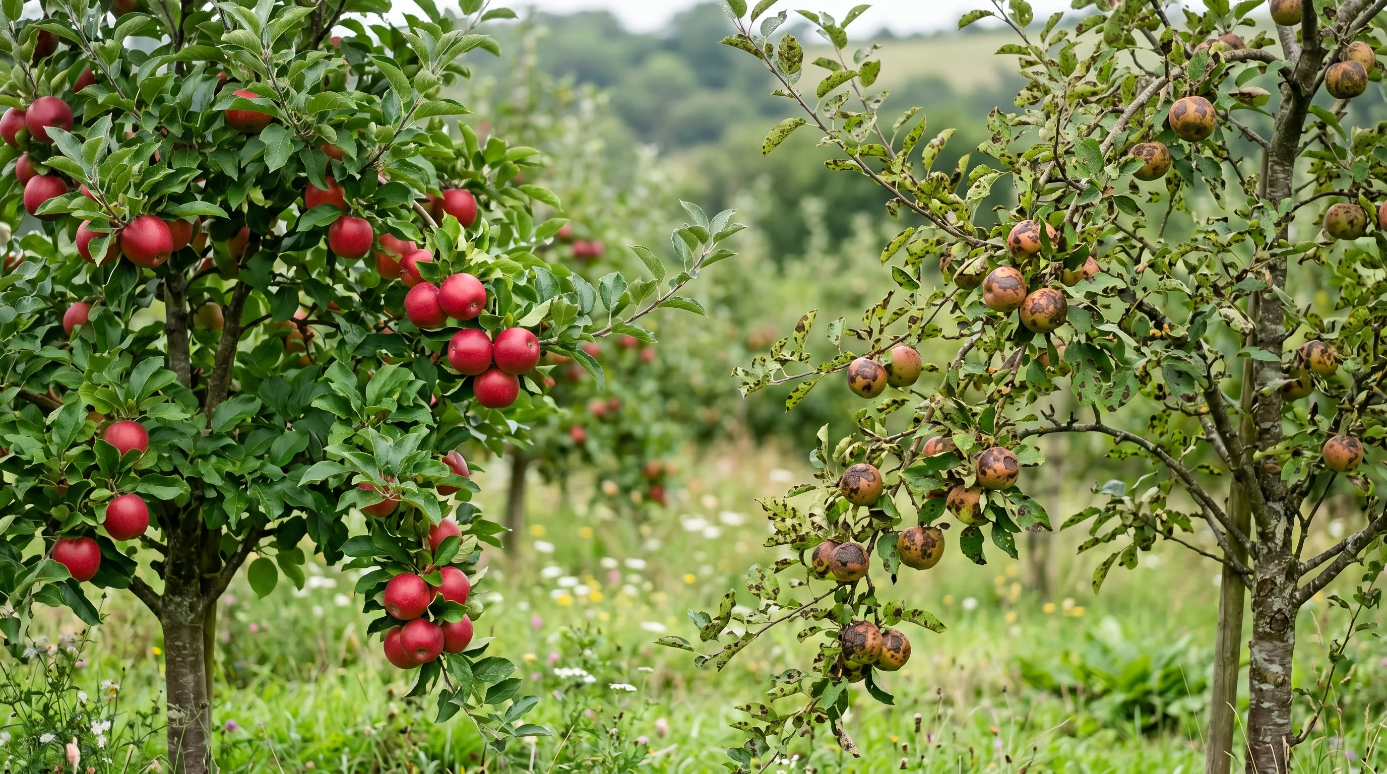 A diagnostic comparison of two UK apple trees side by side, the left a resistant Discovery variety showing clean foliage and clean fruit, the right a susceptible Cox tree showing visible scab on leaves and fruit