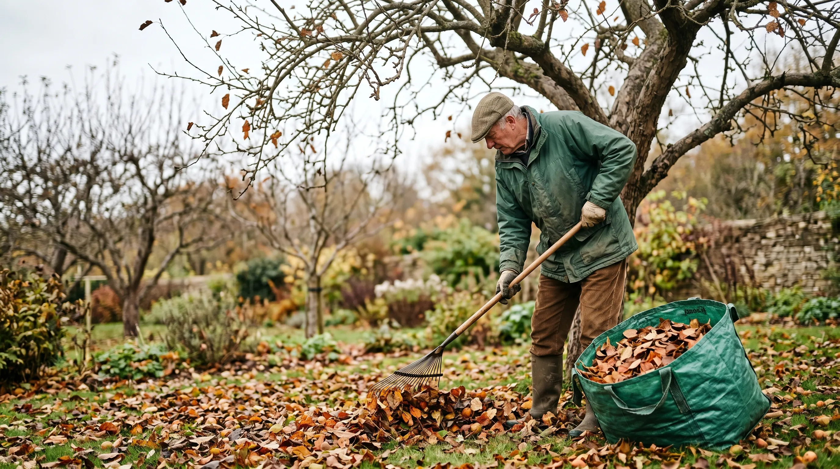 A UK gardener raking fallen apple leaves from under a tree in late October, with a collection bag of leaves visible and the tree above showing bare branches