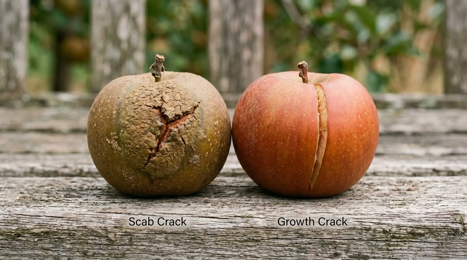 A diagnostic comparison of two apples side by side: one with a rough scab-related crack on a corky olive-brown patch, the other with a clean smooth growth crack