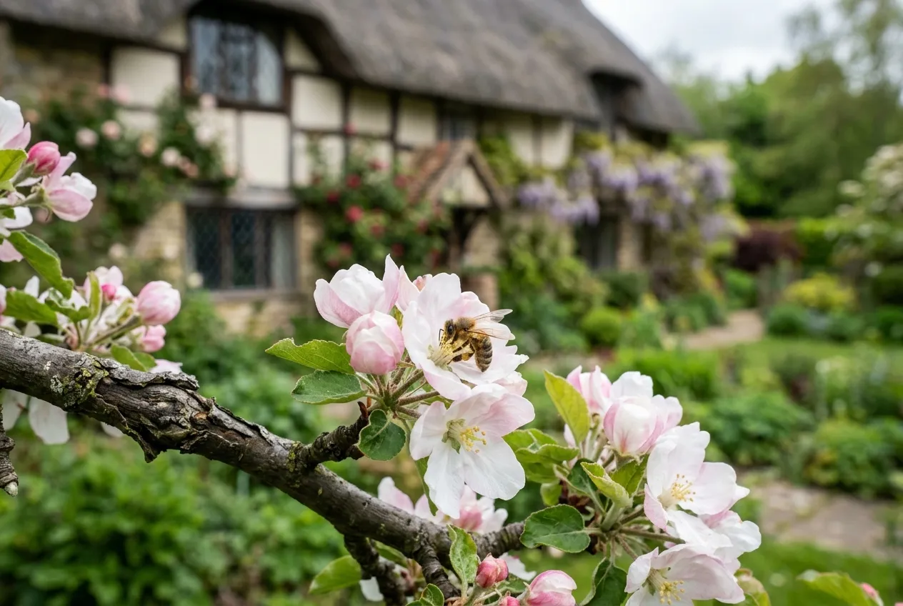 Apple tree blossom in spring in a UK cottage garden with bees pollinating the flowers