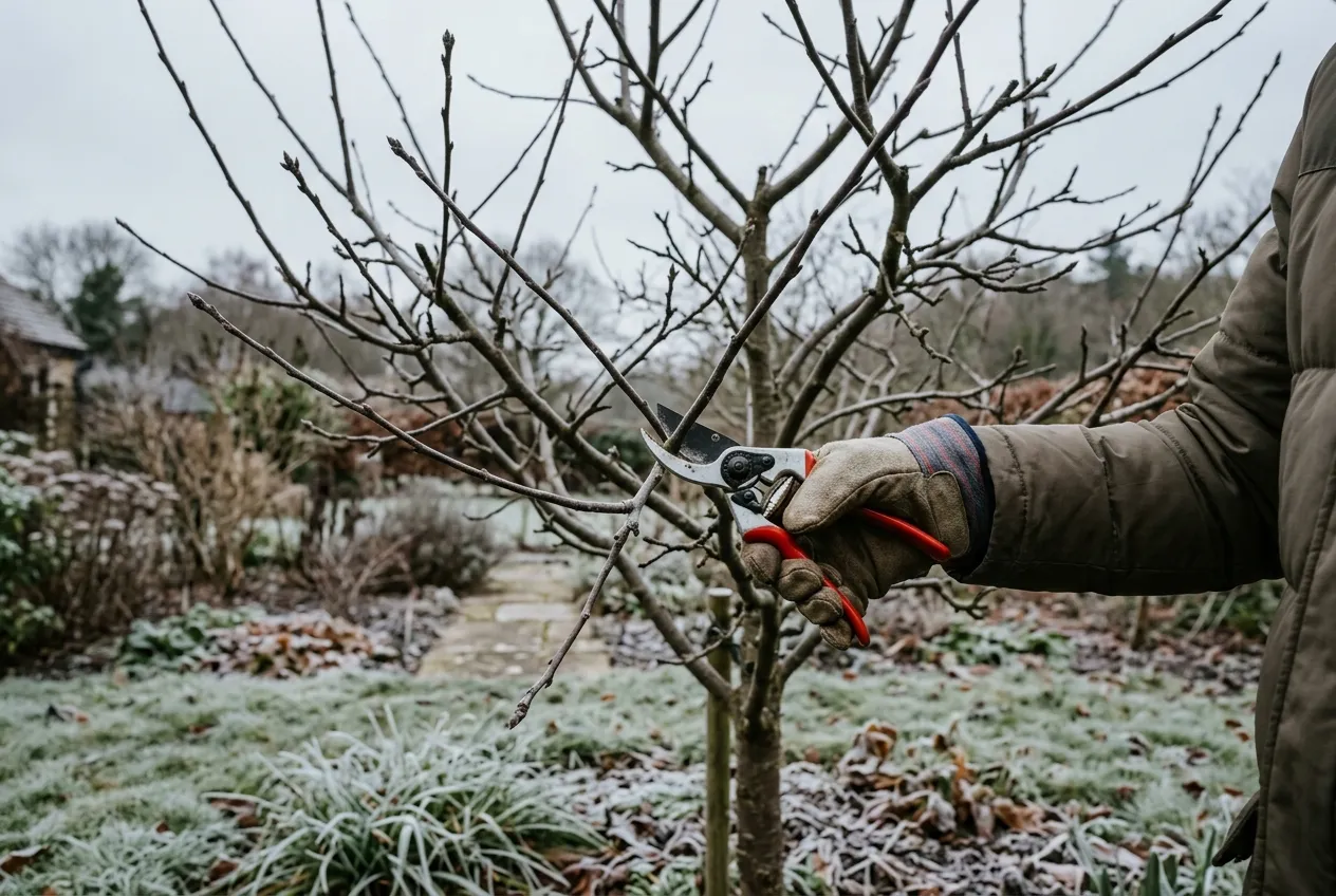 Pruning a young apple tree in winter with bypass secateurs cutting a crossing branch