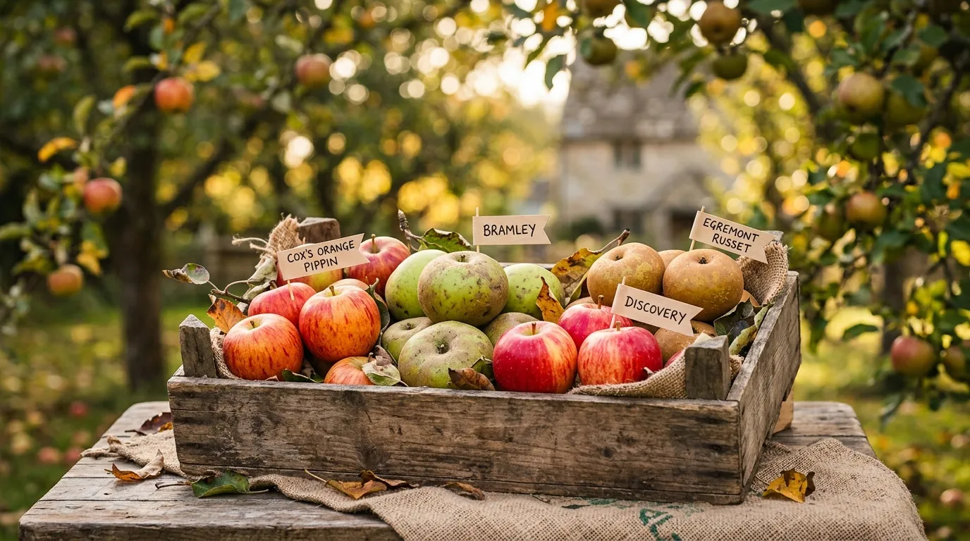 Best apple varieties for UK gardens displayed on a wooden crate in an English orchard with autumn light