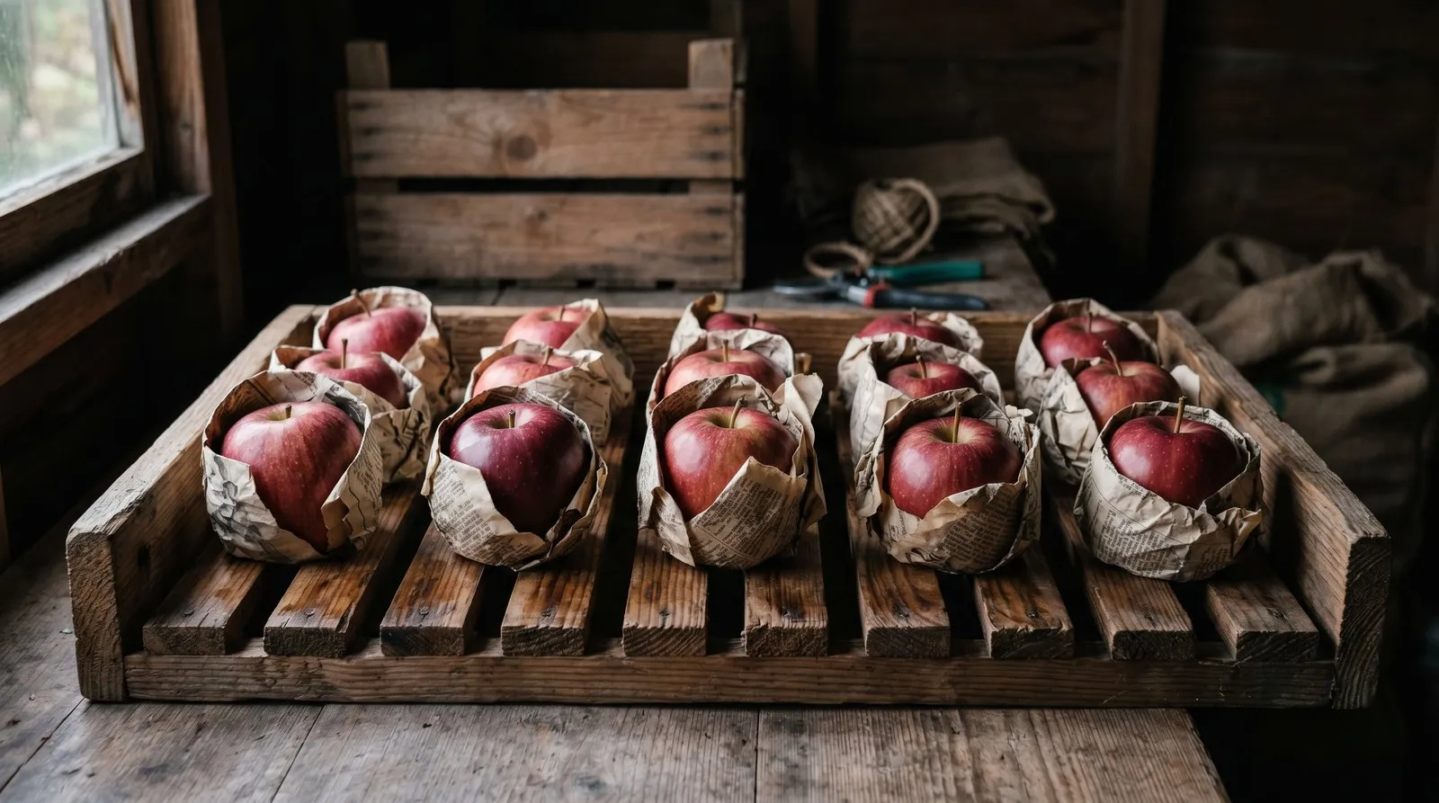 Sound apples individually wrapped in newspaper and laid in a single layer on a slatted wooden storage tray