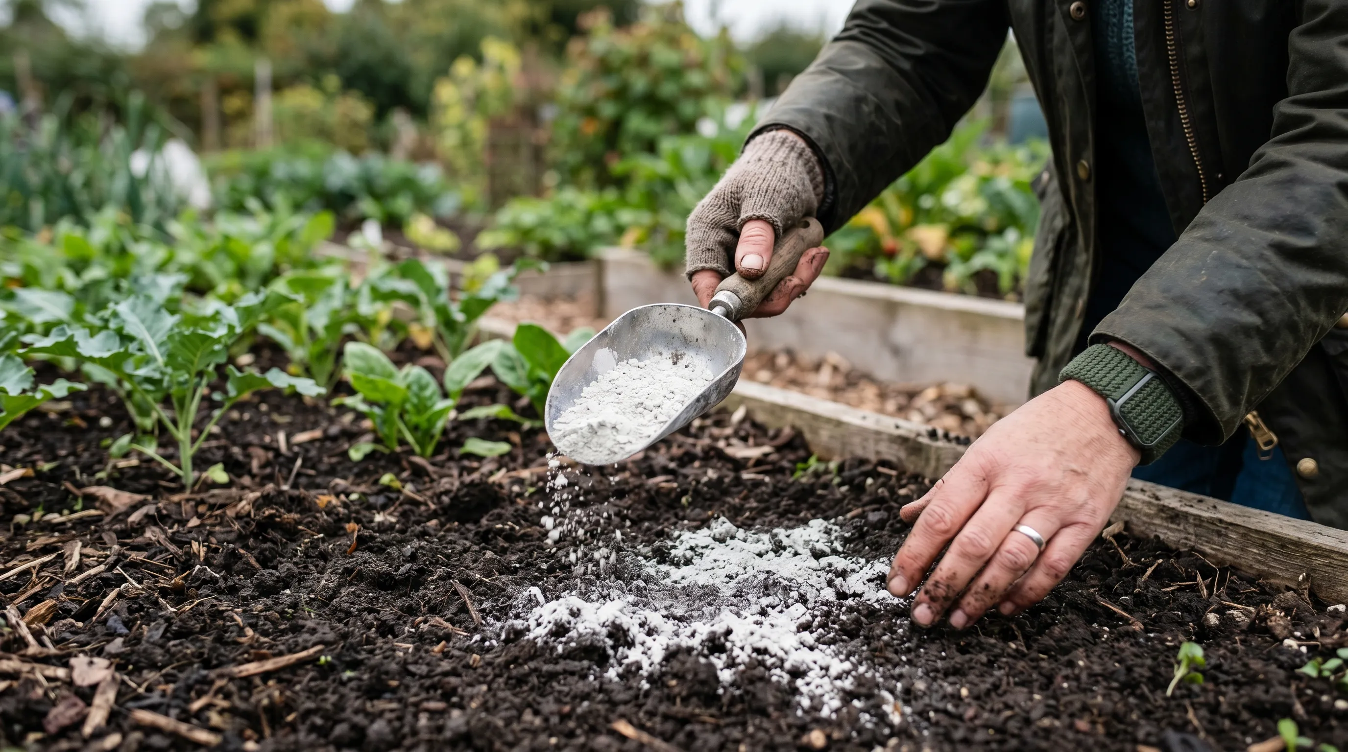 UK gardener applying garden lime powder to a vegetable bed soil surface from a small scoop with the white-grey lime visible against the dark soil