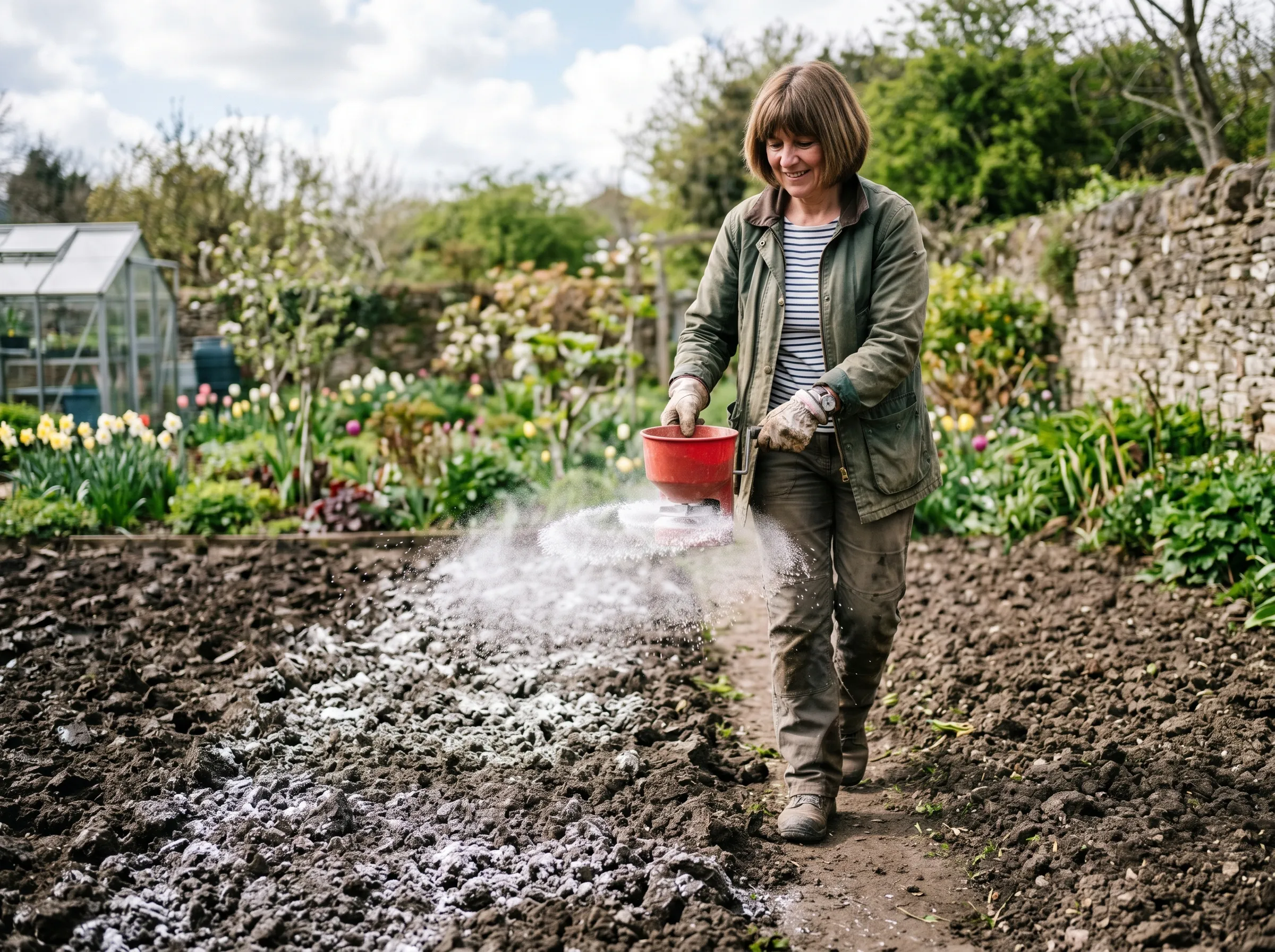 UK gardener spreading powdered white gypsum across a freshly dug clay bed using a hand-cranked spreader, the white powder visible scattered across the dark soil ready to be raked in