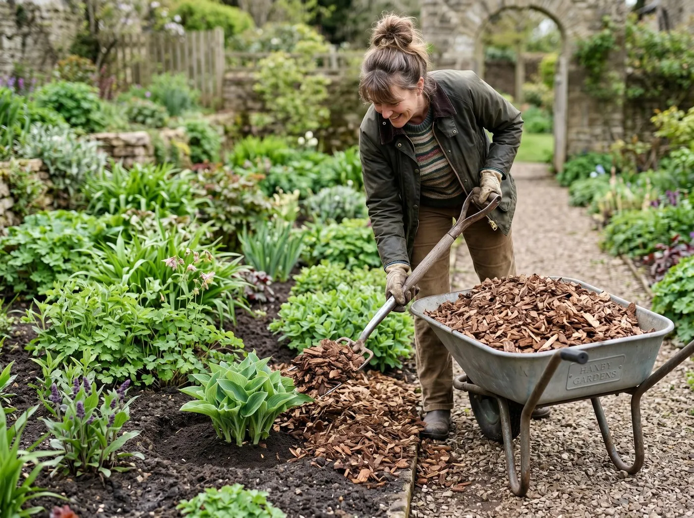 UK gardener spreading a thick layer of wood chip from a wheelbarrow onto a perennial border, the chip going on top of bare soil to a depth of about 7cm, careful gap of 5cm left around the base of each established perennial plant emerging through the mulch