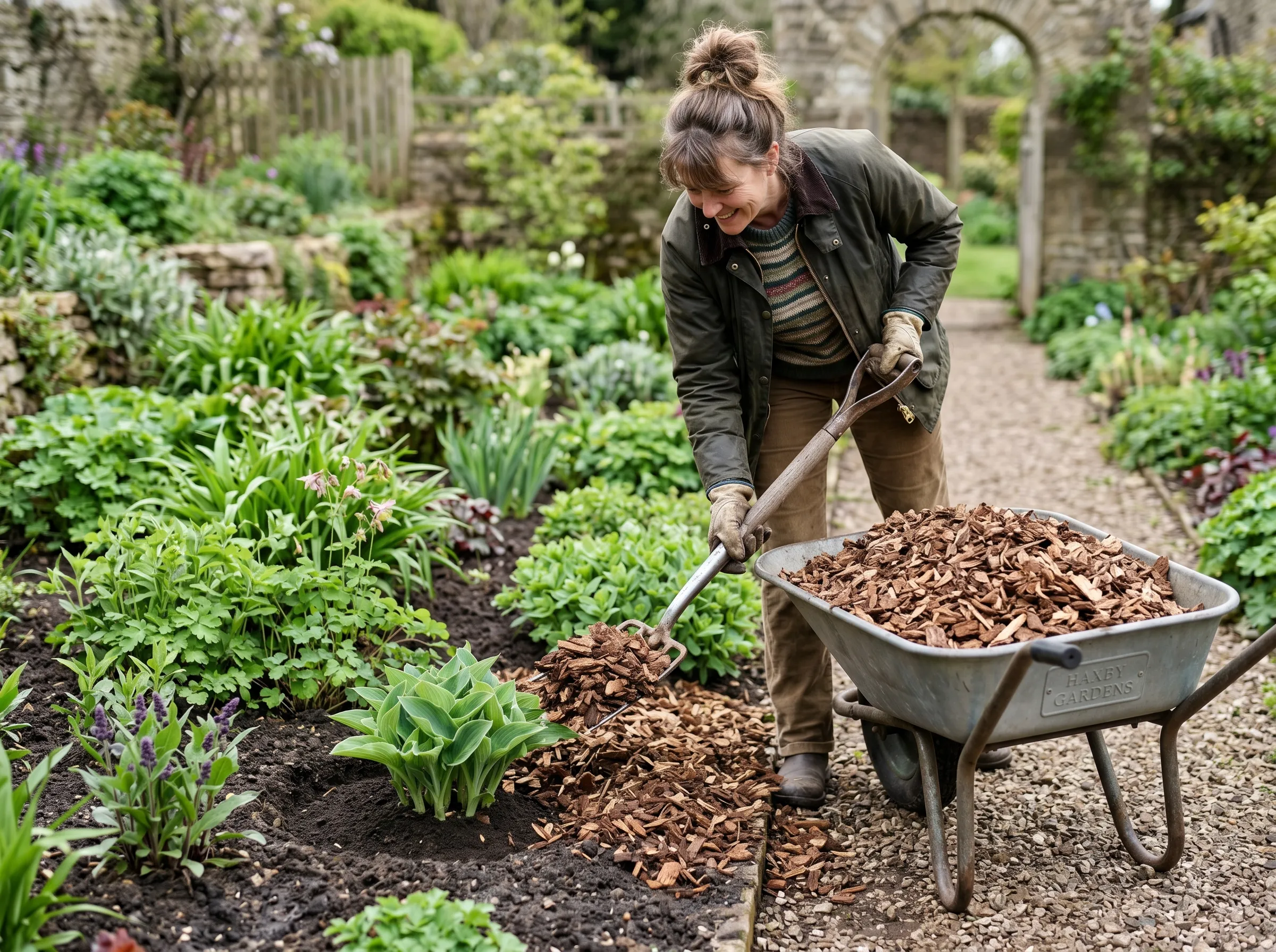 UK gardener spreading a thick layer of wood chip from a wheelbarrow onto a perennial border, the chip going on top of bare soil to a depth of about 7cm, careful gap of 5cm left around the base of each established perennial plant emerging through the mulch