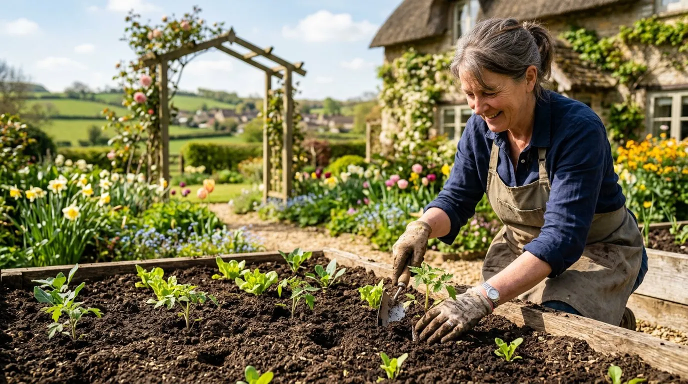 Gardener planting seedlings into a prepared vegetable bed on a bright April morning in a UK garden