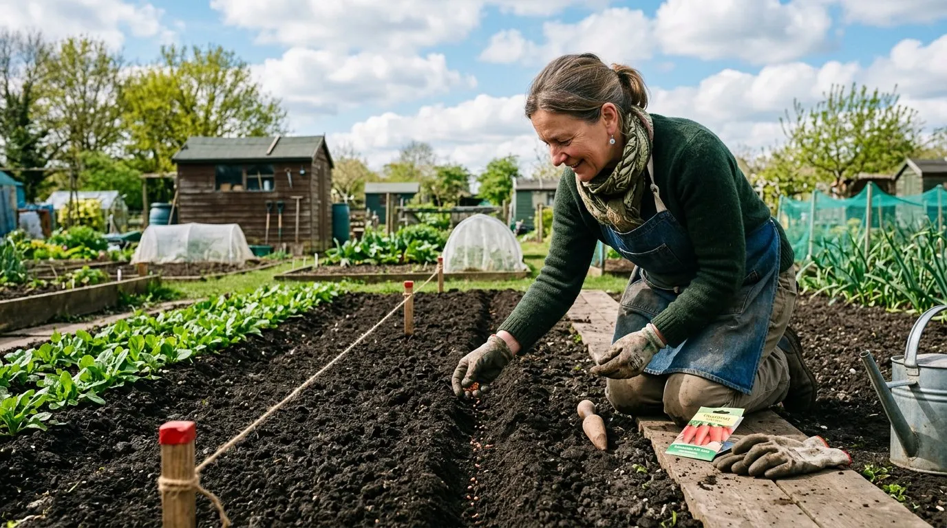 April planting with a gardener sowing carrot seeds into prepared soil in neat rows on a UK allotment