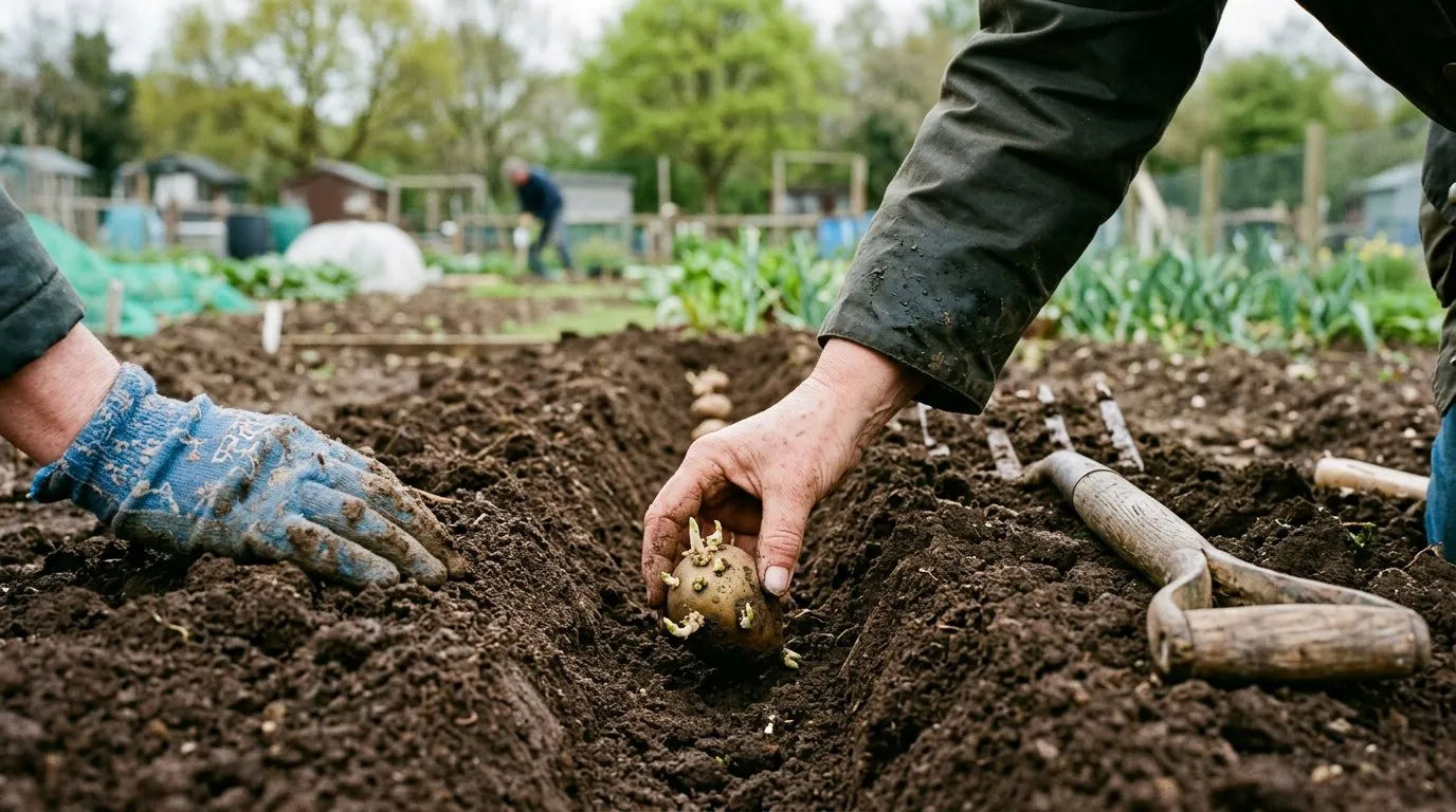 Hands planting seed potatoes into a trench in rich brown earth on an allotment