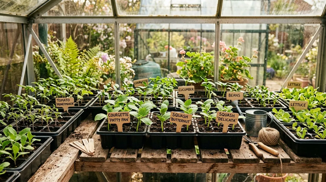 Young vegetable seedlings in module trays on a greenhouse staging bench in April