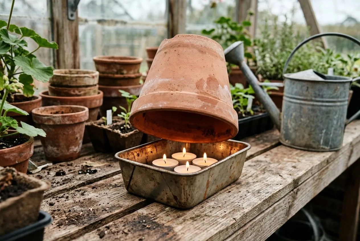 A close-up of an upturned terracotta flower pot sitting over four lit tealights on a metal bread tin, the classic DIY pot heater build photographed on a wooden greenhouse shelf
