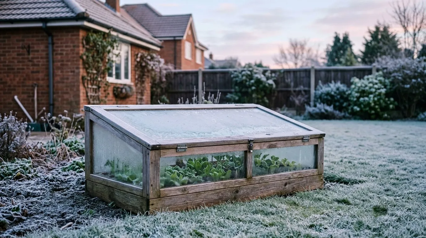 A wooden cold frame with a glass lid in a frosty suburban UK back garden at dawn, sheltering young plants without any artificial heat