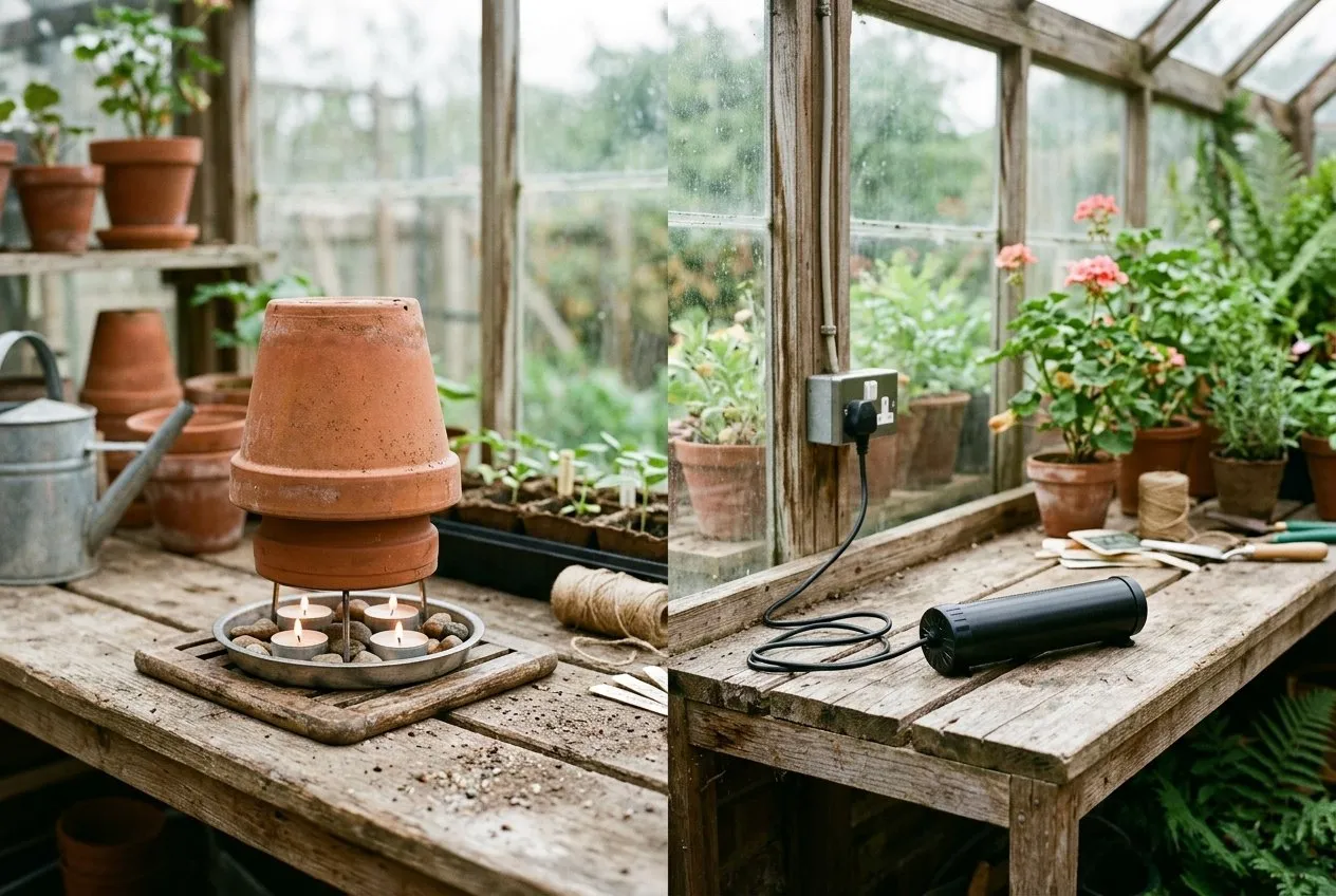 Two terracotta pots nested over tealights beside a small electric tube heater on a greenhouse bench, comparing the viral DIY method against the safer powered option