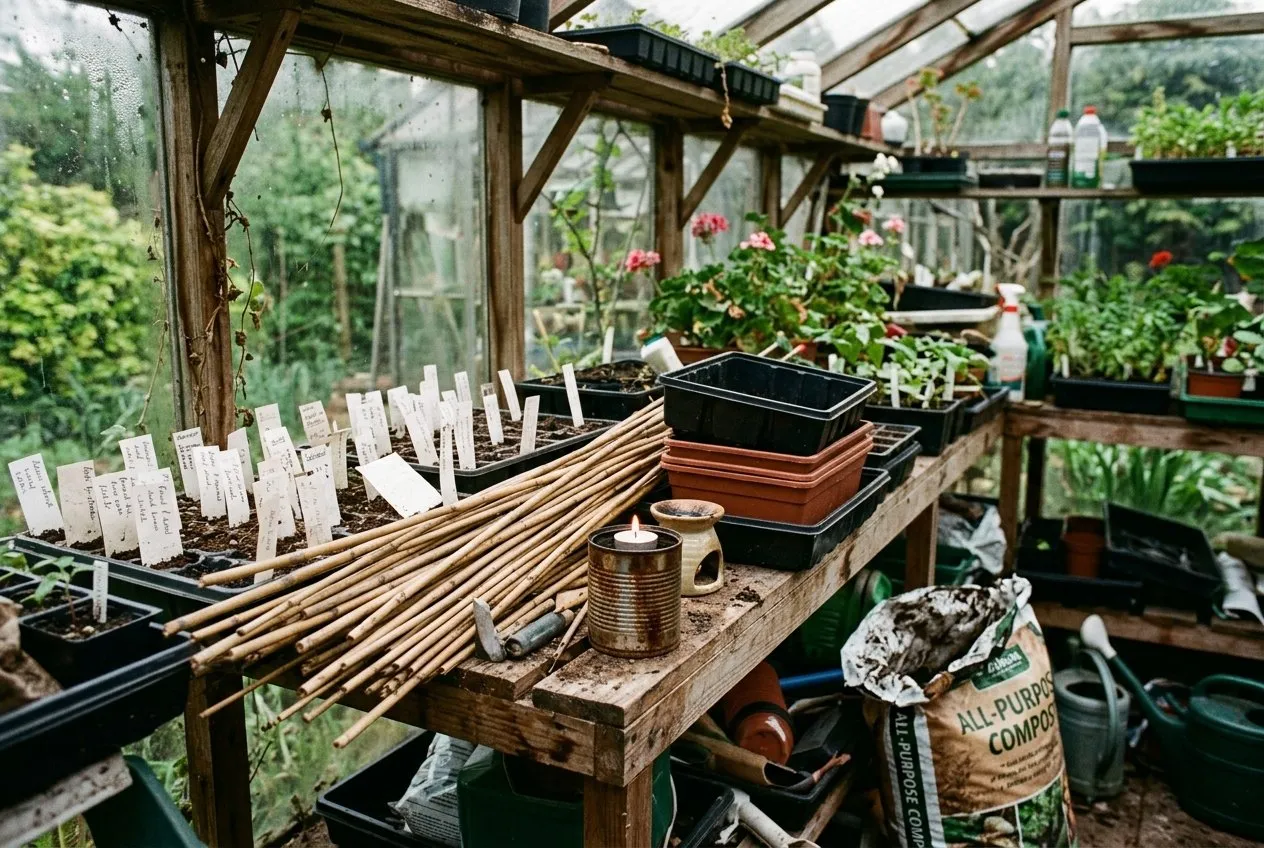 A UK fire-damaged timber greenhouse interior with scorched staging and melted plastic trays, illustrating how a small unattended flame can spread among dry garden materials