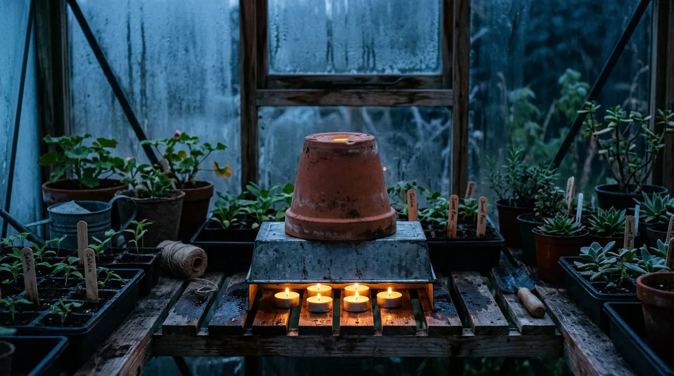 A terracotta flower pot upturned over lit tealight candles on a metal bread tin inside a UK greenhouse, the viral DIY pot heater shown in a realistic cold-weather setting