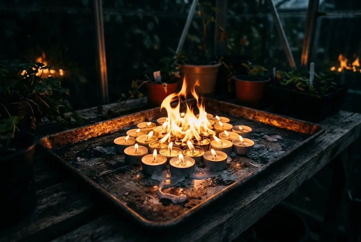 A row of several lit tealights grouped closely on a metal tray, the wax pooling and flames merging, showing the flare risk of crowding tealights together