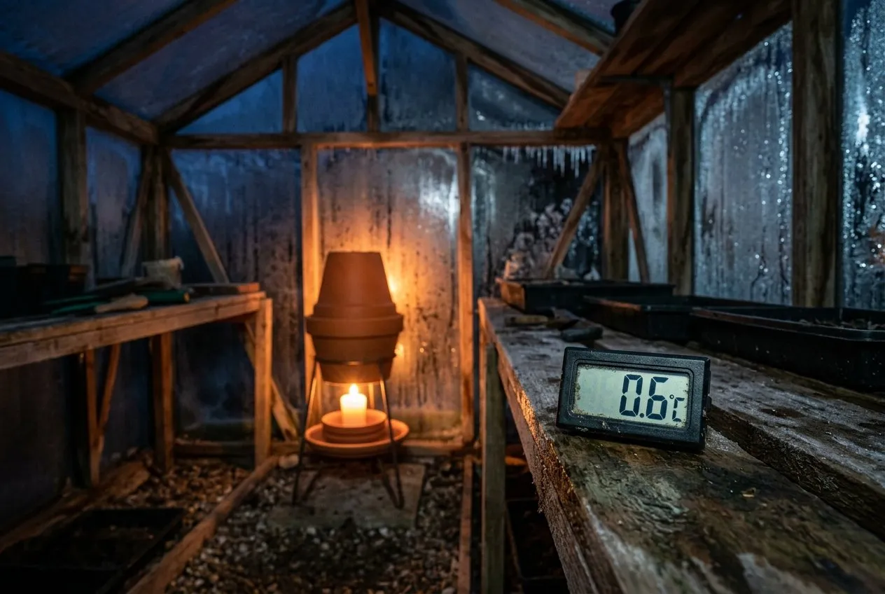 A digital thermometer reading just above freezing beside a terracotta pot heater inside a frosty UK greenhouse at night, glazing showing condensation and ice crystals