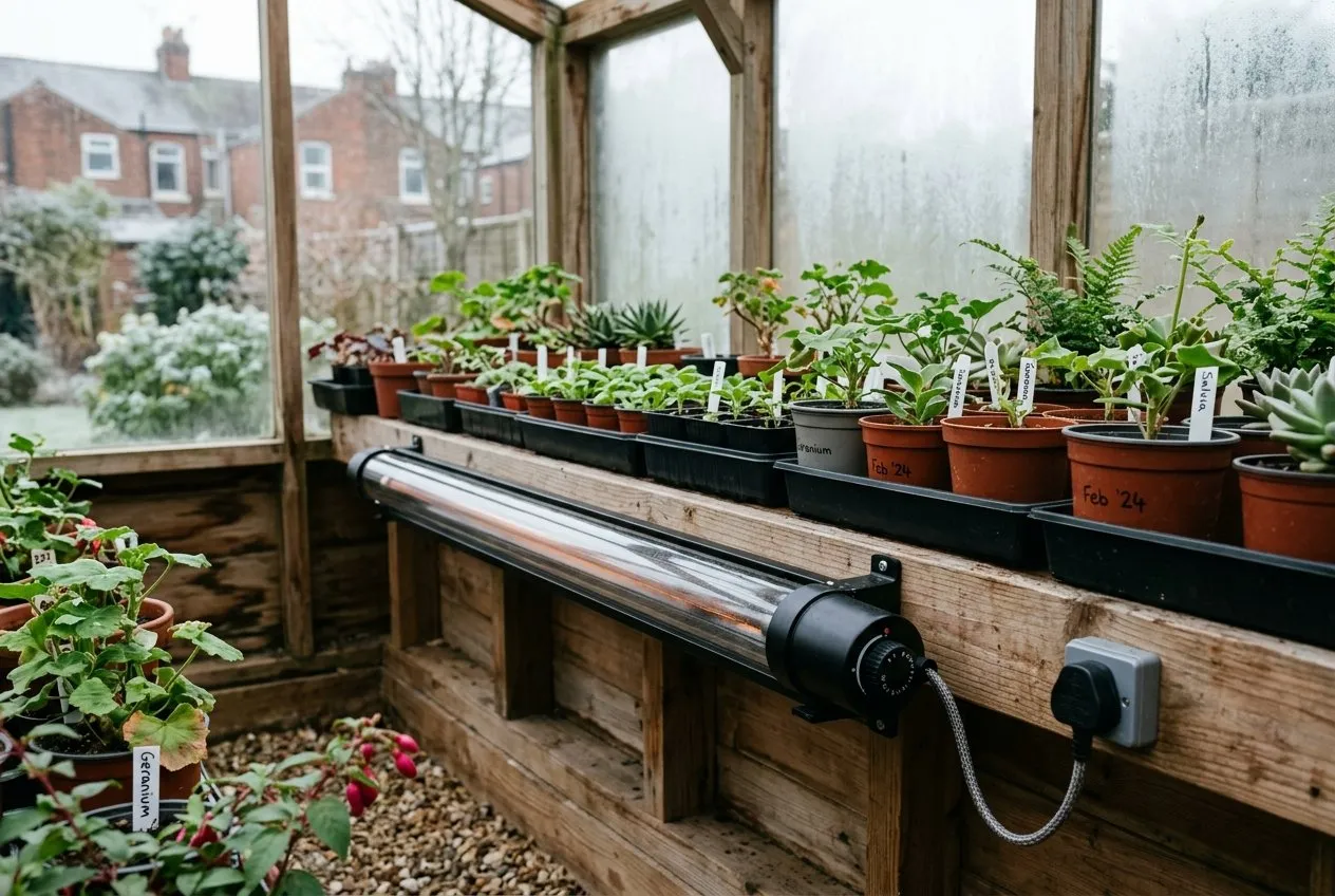 A black thermostatic electric tube heater mounted low along the wall of a tidy UK greenhouse, glowing faintly beside trays of overwintering plants