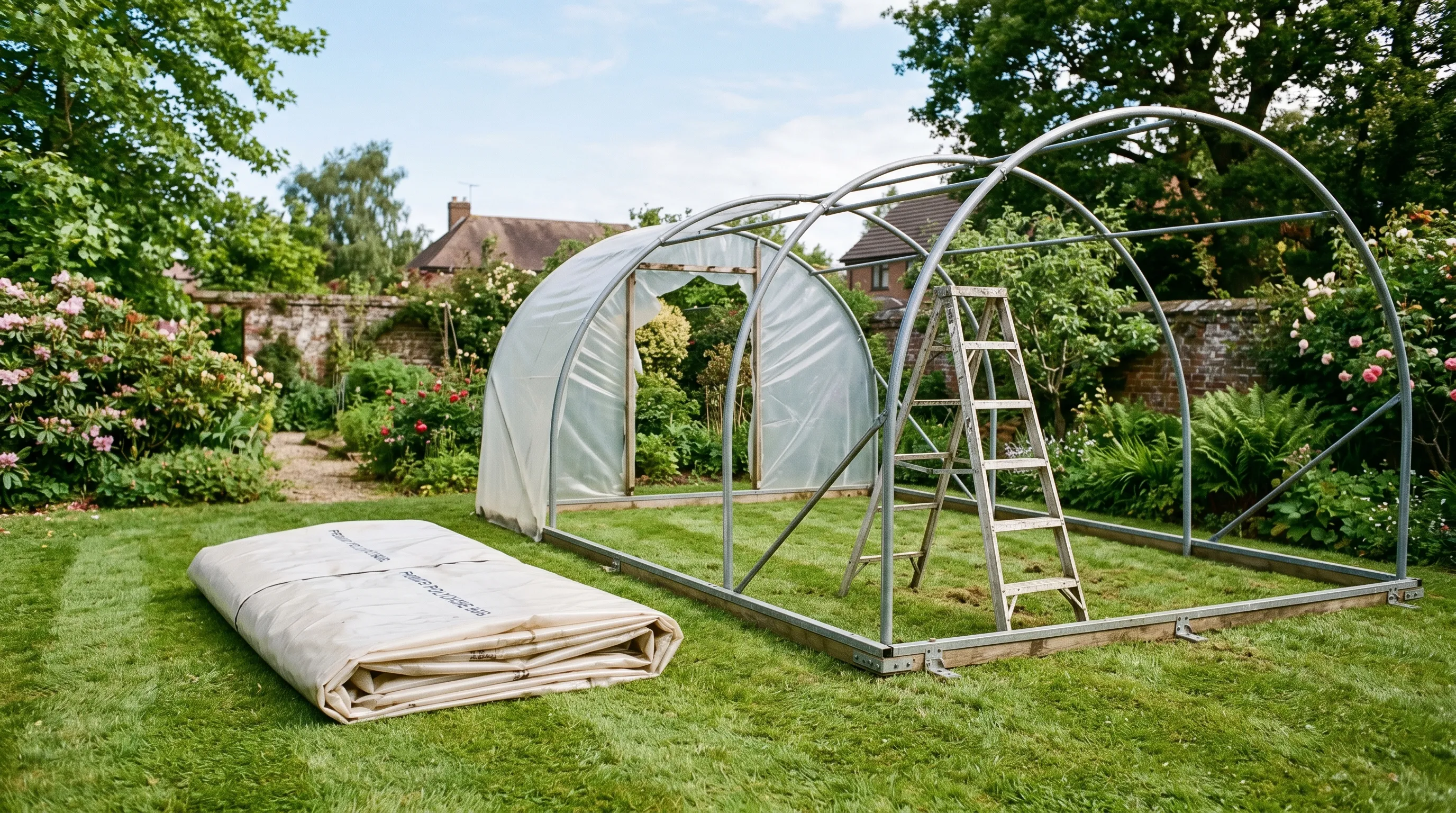 Replacement polytunnel cover folded ready to fit on a sunny May morning