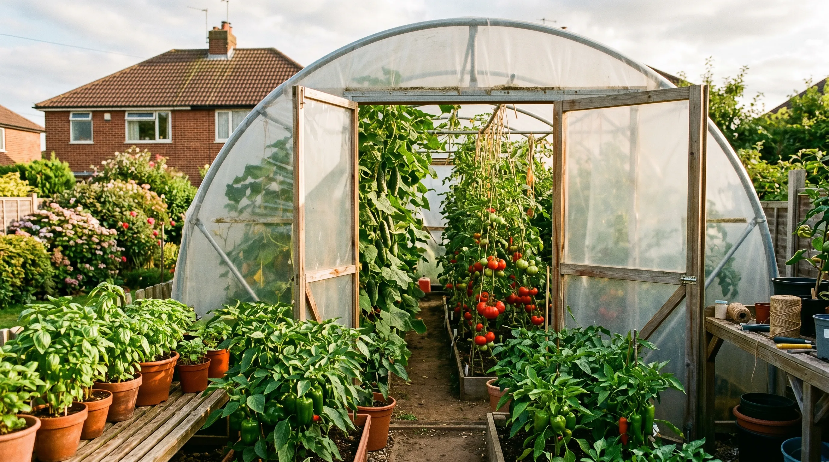 Productive polytunnel in a UK back garden filled with tomatoes peppers and cucumbers in late summer