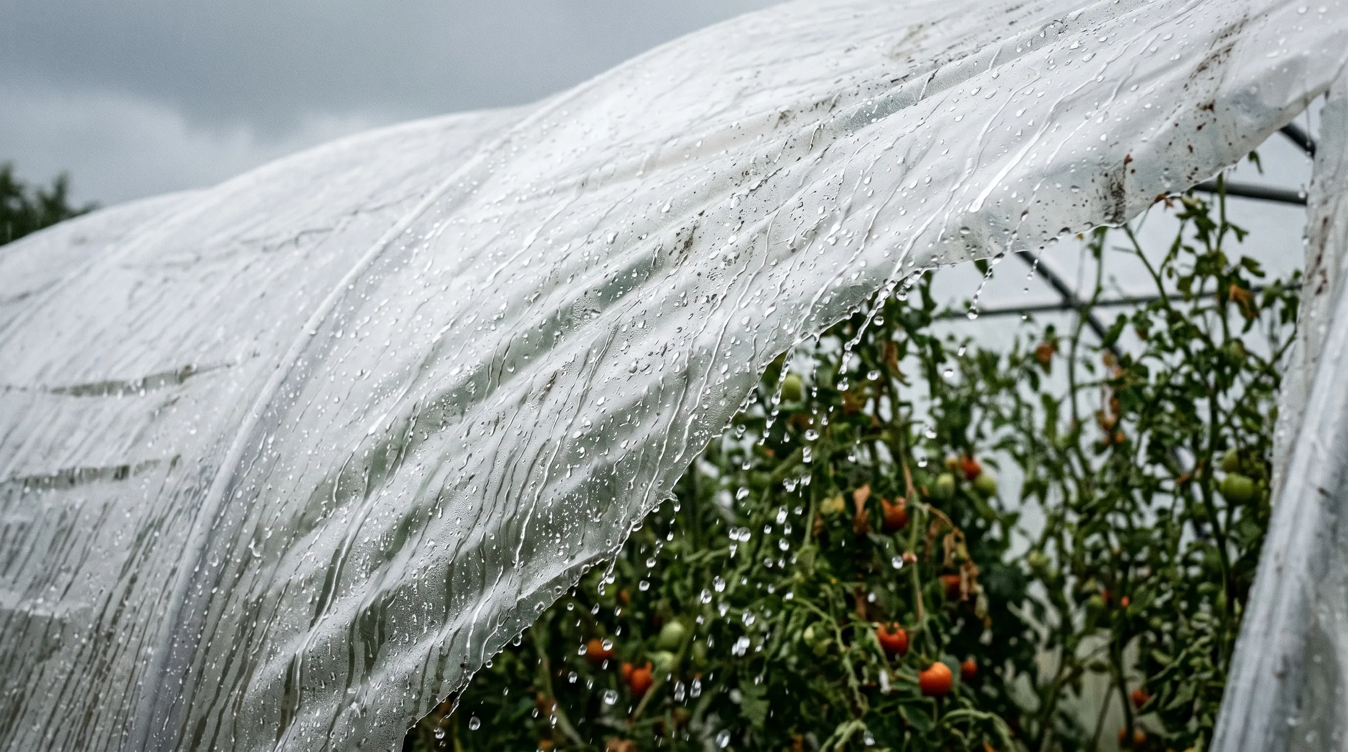 Polytunnel cover with rain beads sliding off the polythene roof in summer downpour