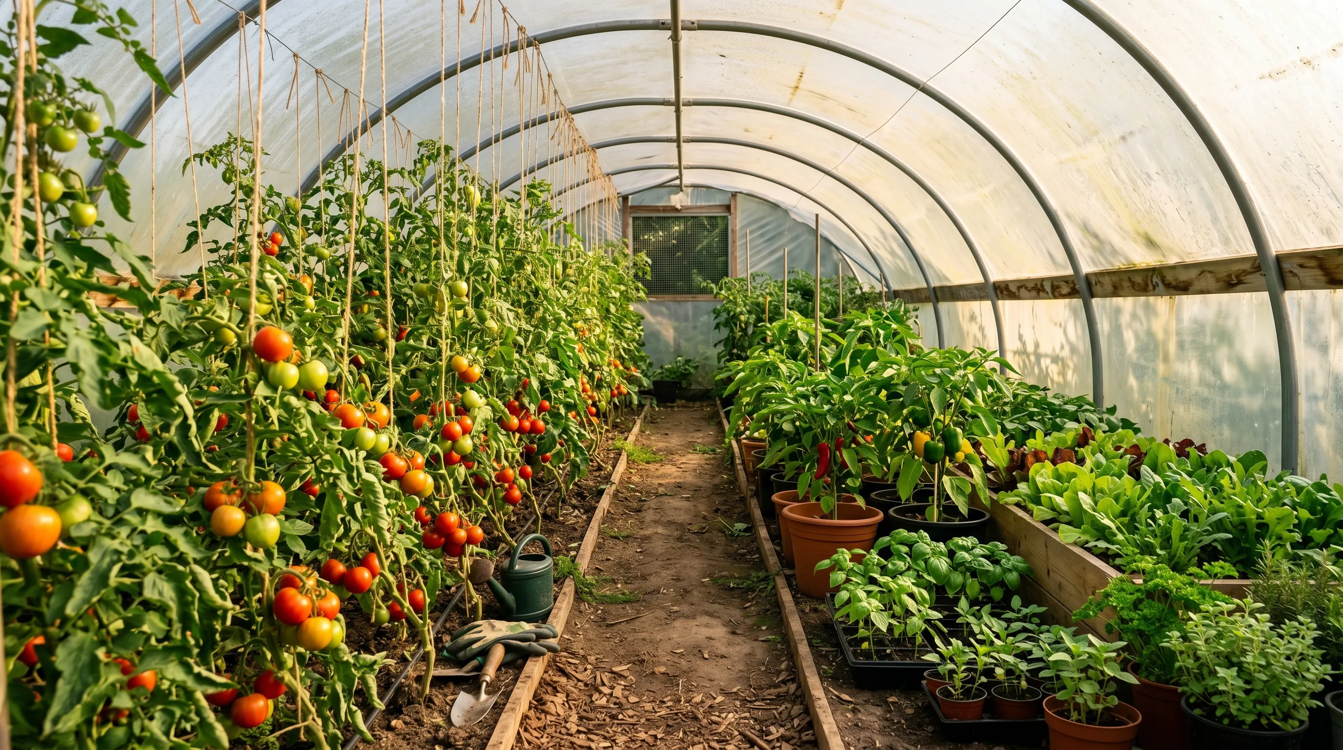 Polytunnel filled with summer crops including ripening tomatoes peppers and basil