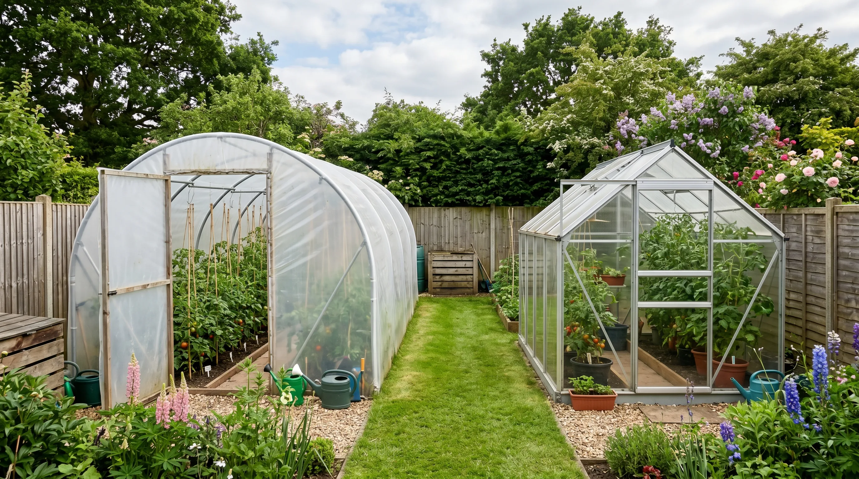 Polytunnel and small polycarbonate greenhouse side by side in a UK back garden