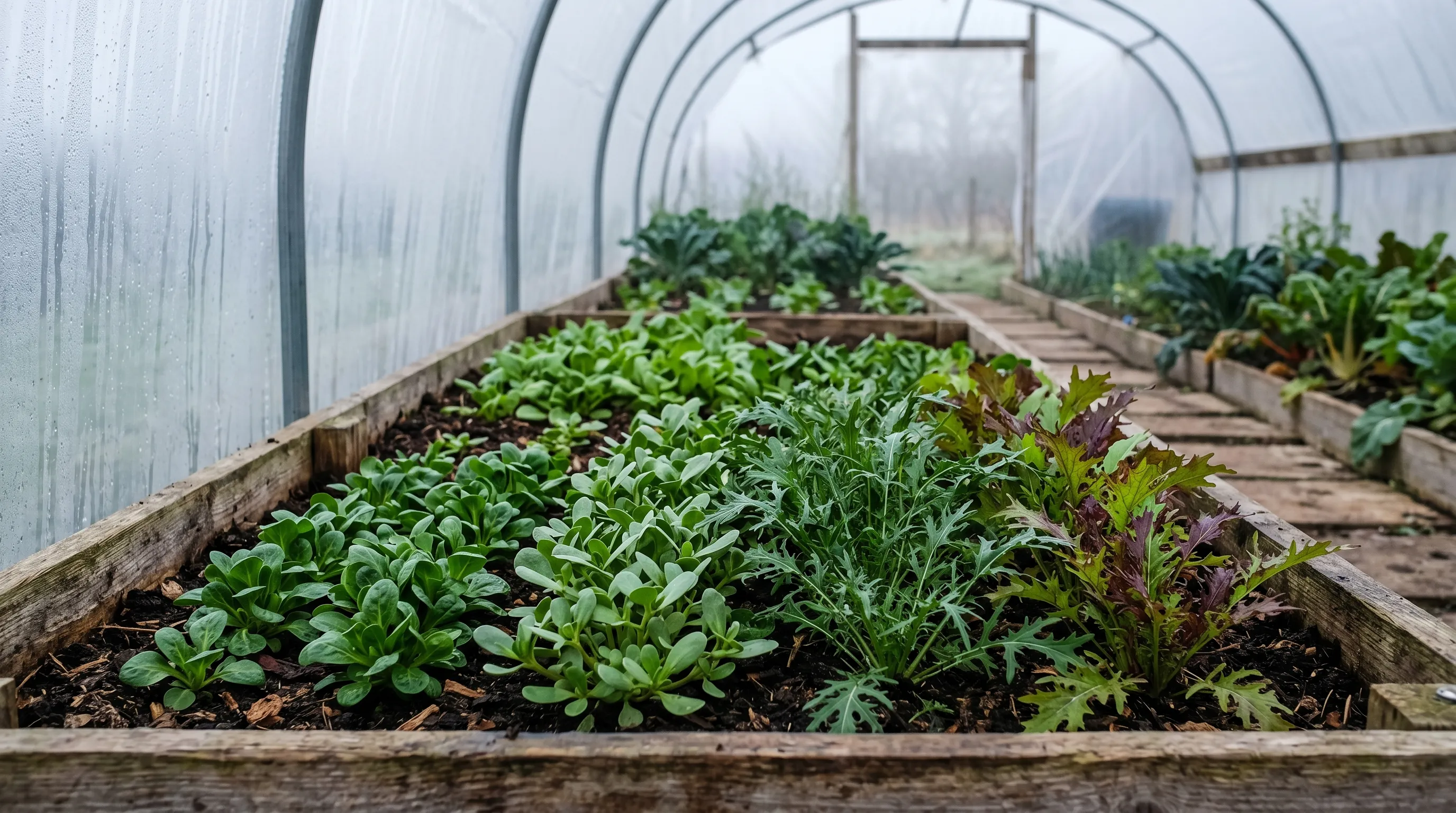 Salad leaves growing inside a polytunnel in February with frost on outside windows