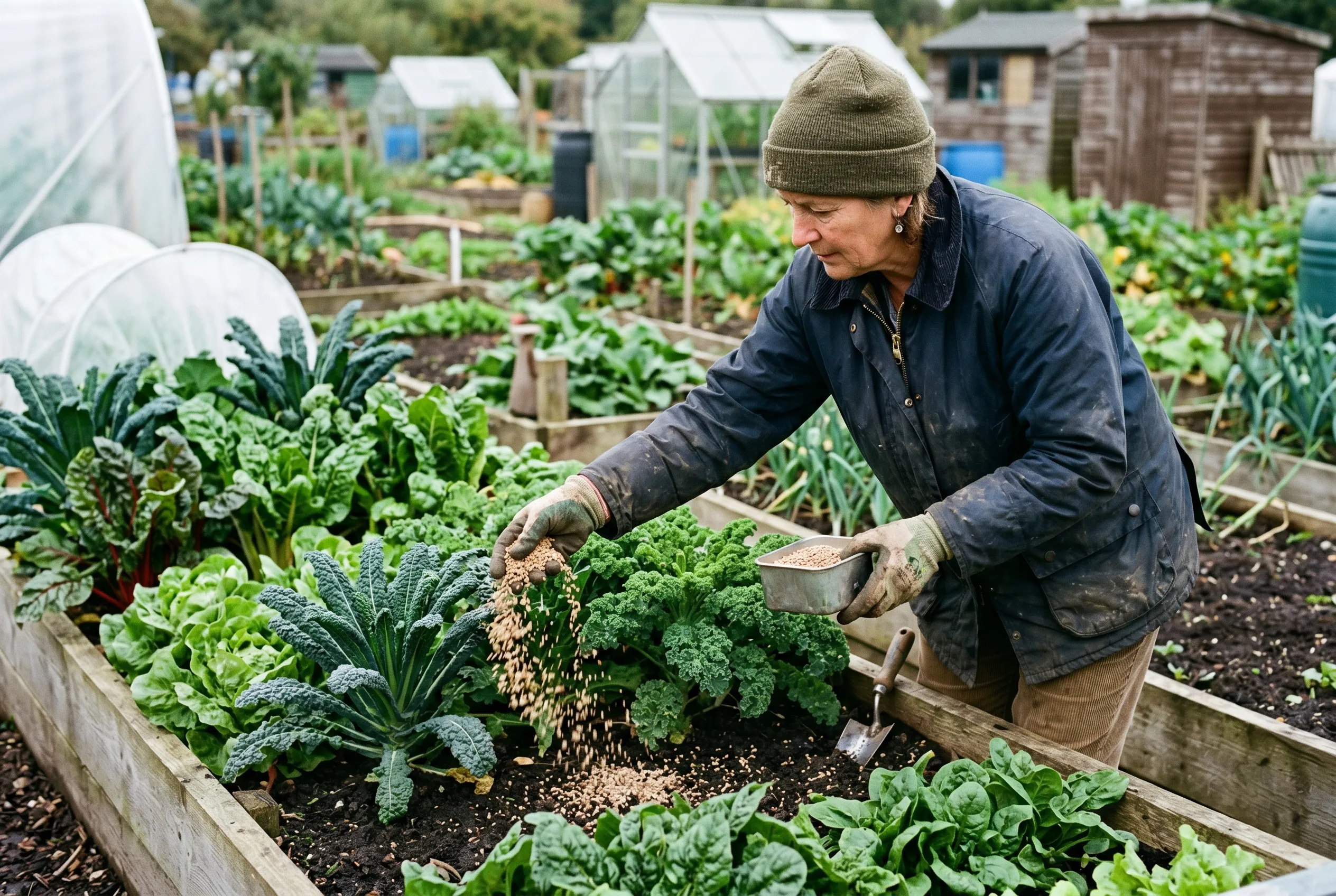 A gardener scattering granular feed by hand around the base of leafy vegetable plants in a raised bed