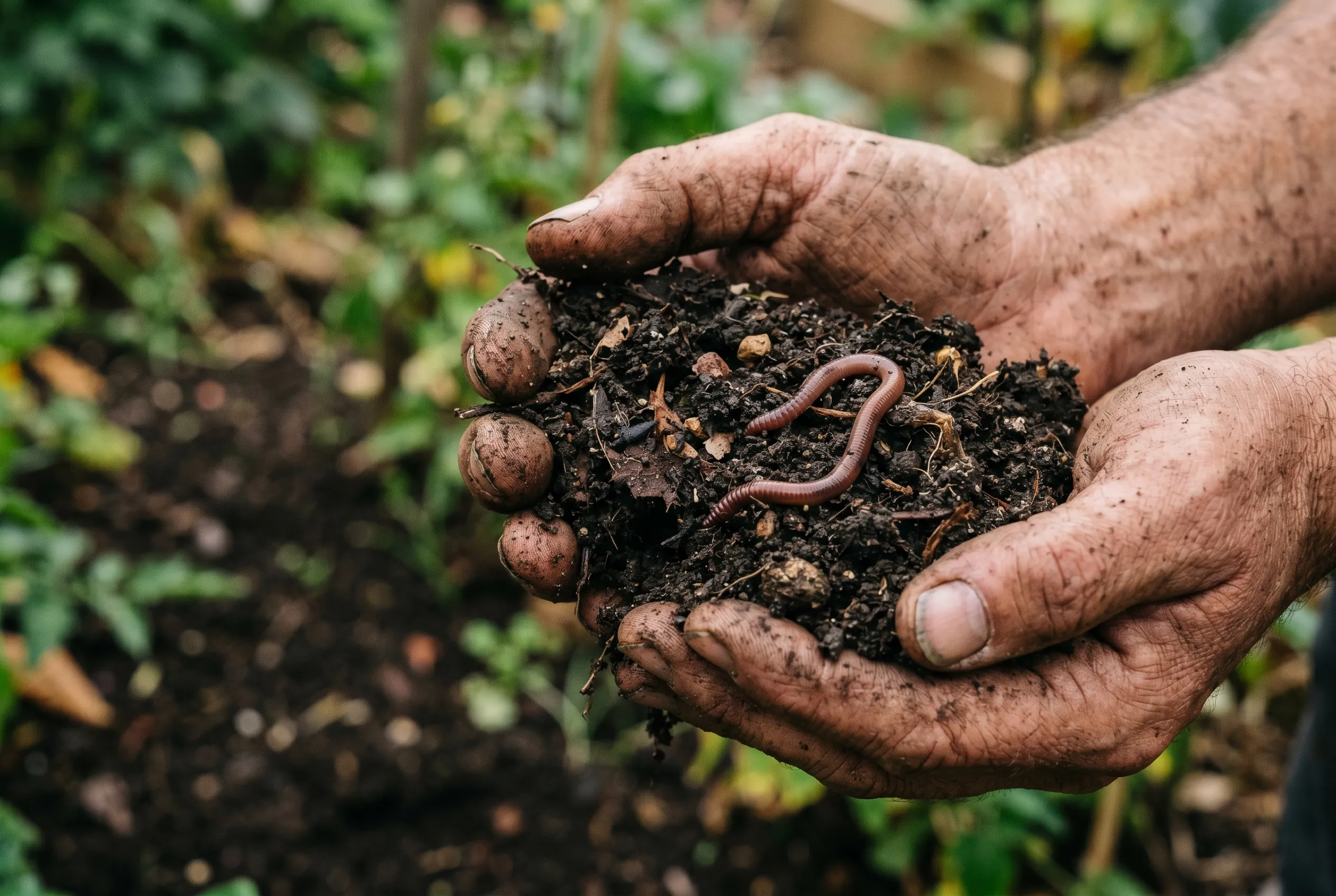 Two hands holding dark crumbly healthy garden soil full of organic matter with an earthworm visible
