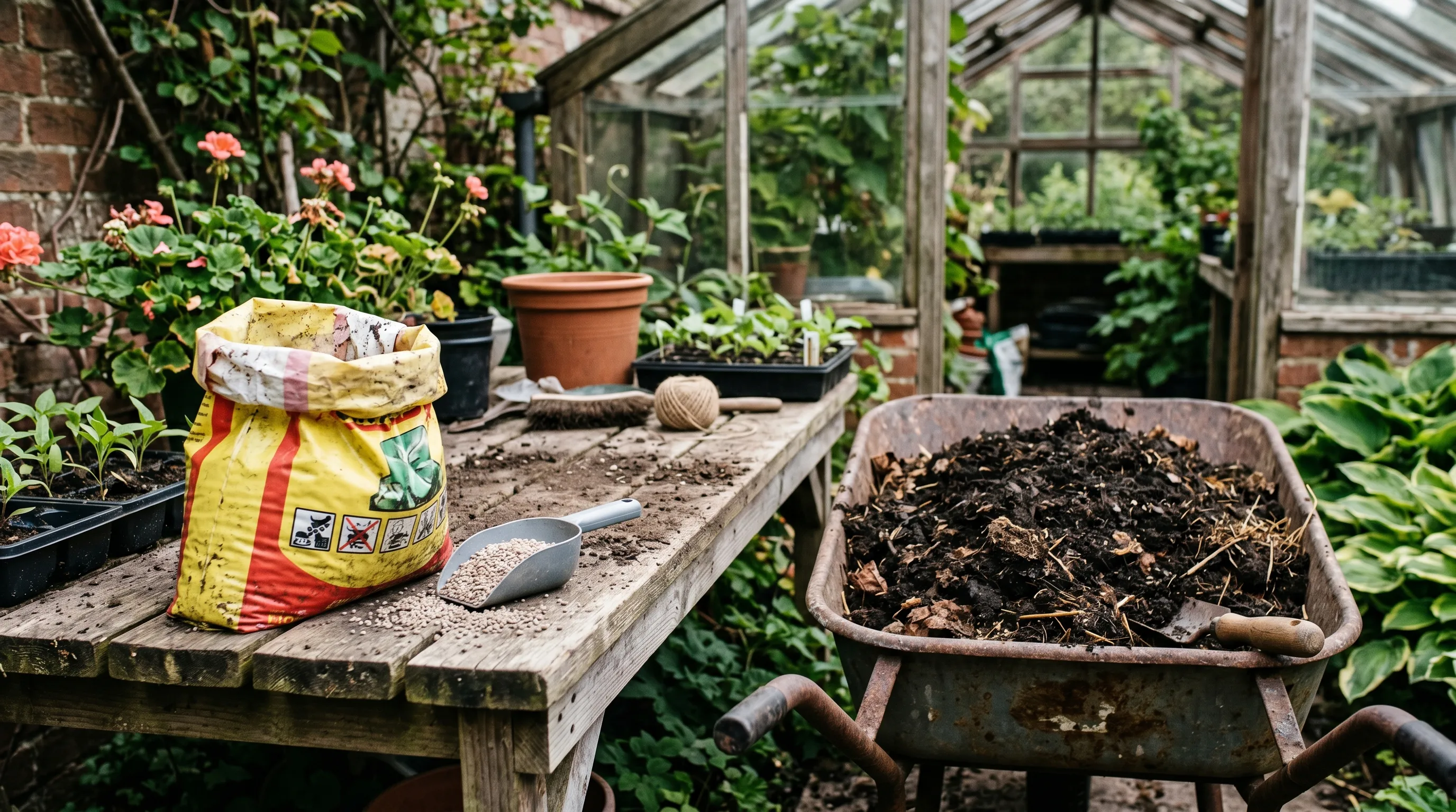 A bag of granular synthetic fertiliser beside a barrow of compost and manure on a UK potting bench