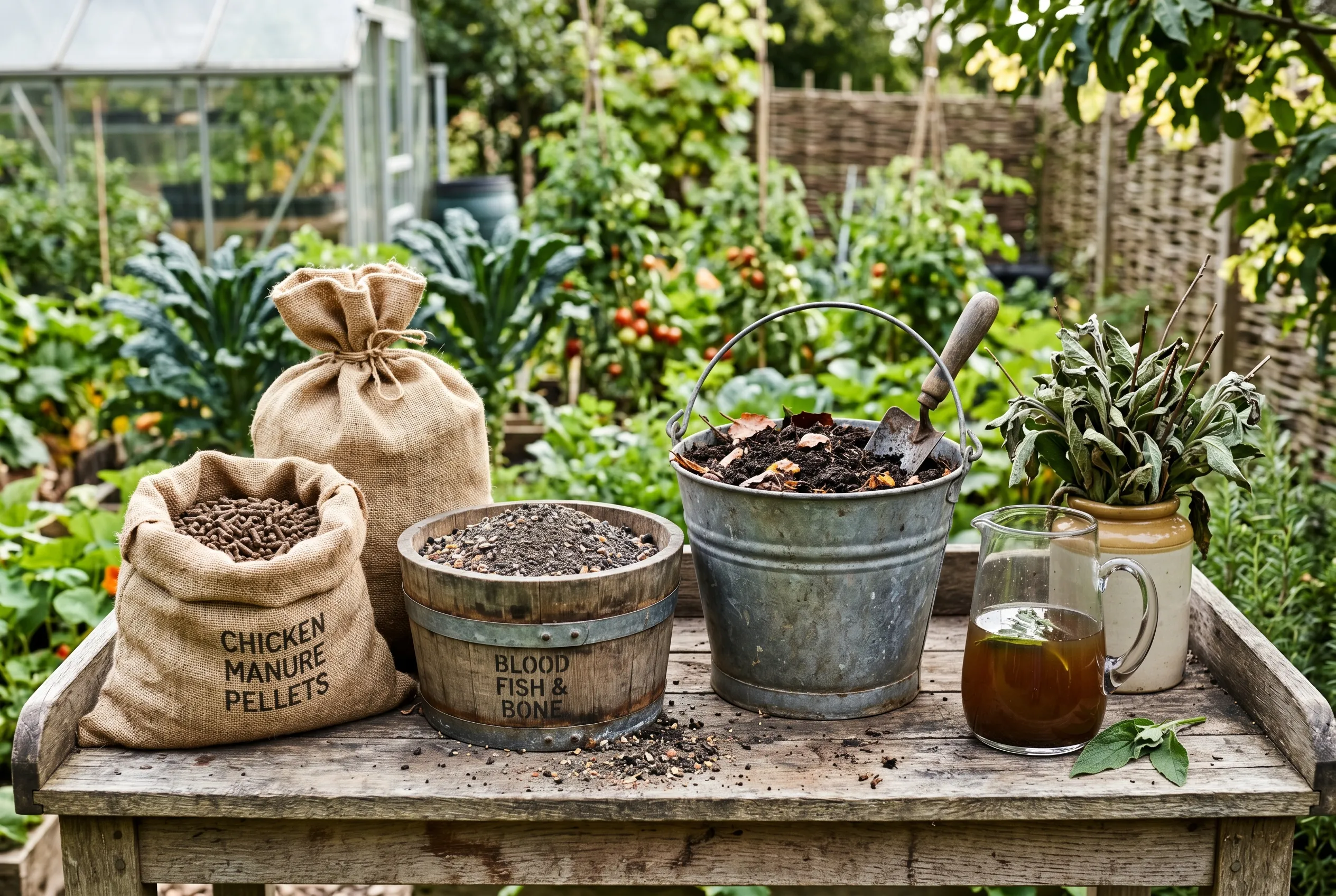A selection of natural organic garden feeds: pelleted chicken manure, blood fish and bone, compost and comfrey liquid