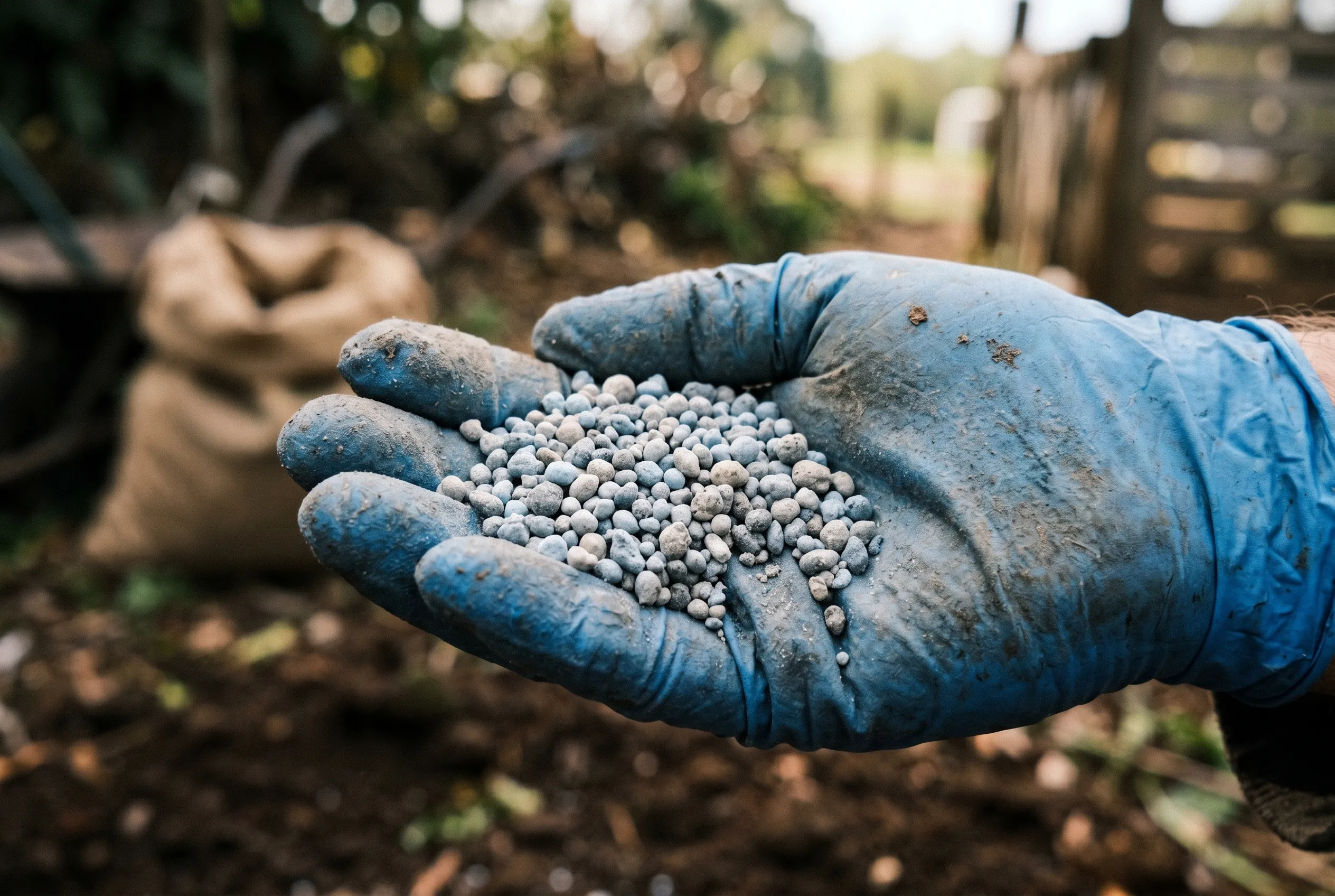 A gloved hand holding a small pile of pale grey granular synthetic NPK fertiliser pellets