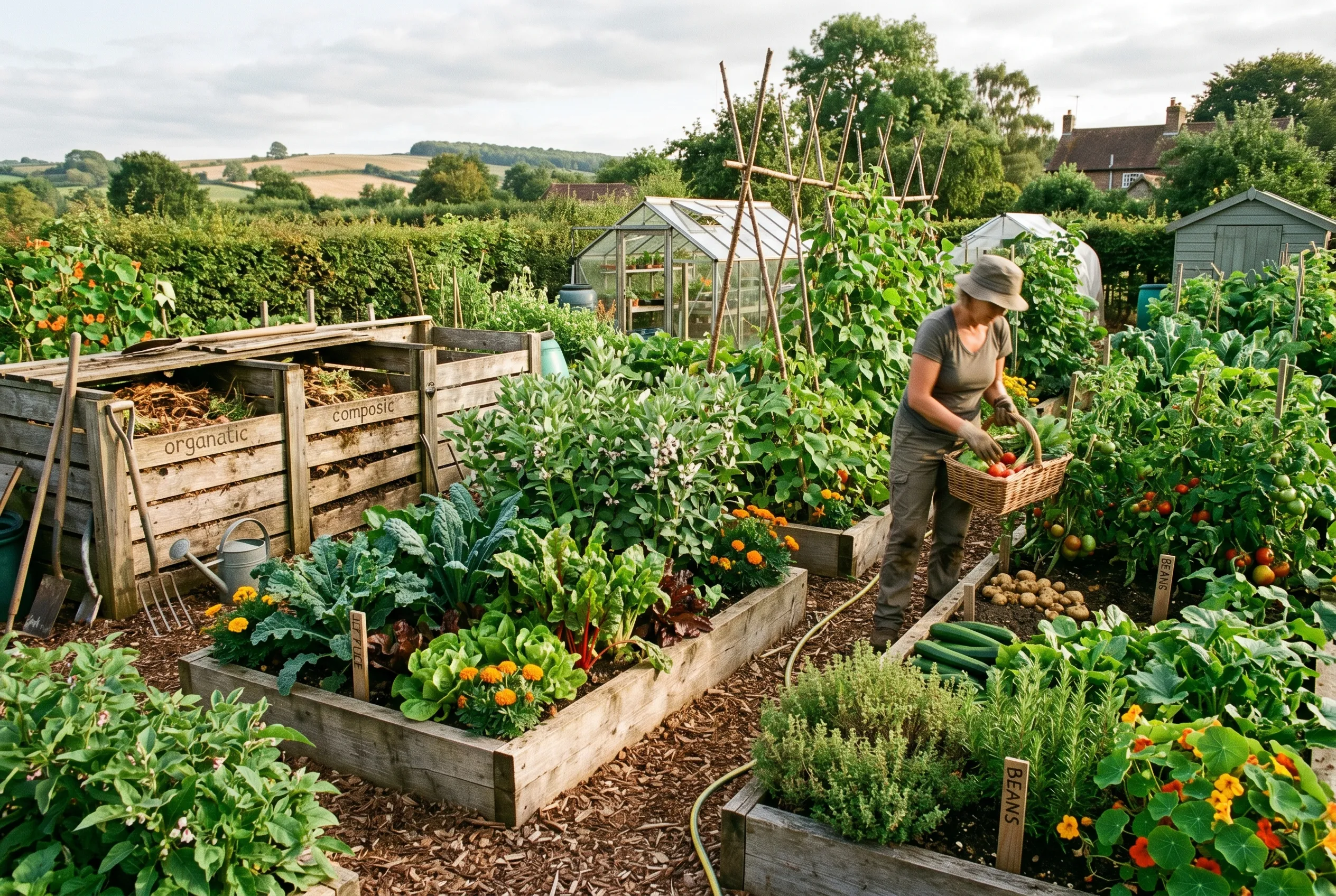 A thriving productive UK organic vegetable garden in summer with raised beds full of healthy crops and compost bins