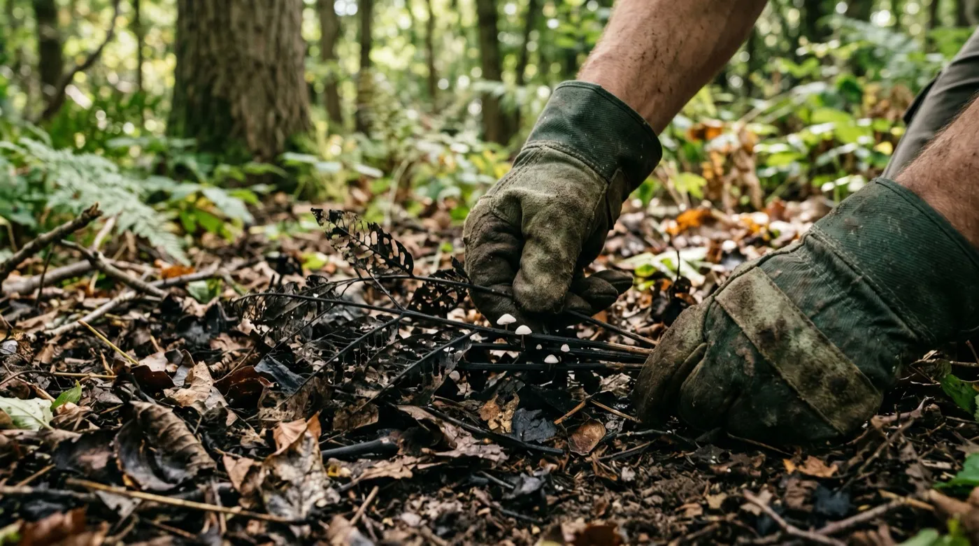 Gloved hands turning over blackened ash leaf stalks in the litter to check for ash dieback fruiting bodies in a UK woodland edge