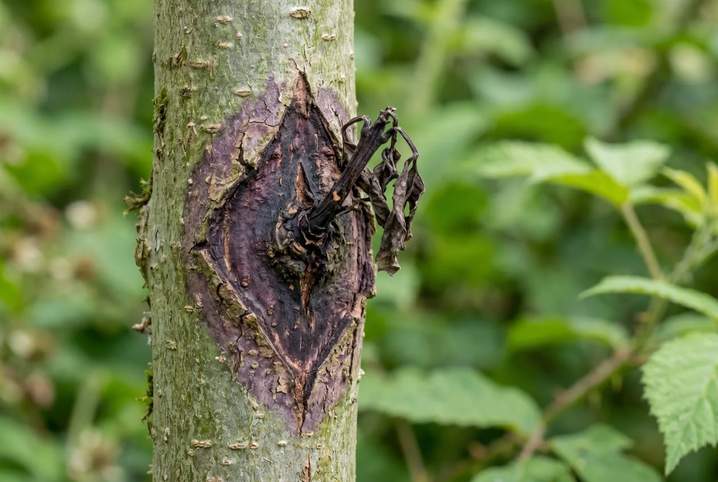 Close-up of a diamond-shaped dark lesion on an ash stem at the base of a dead side shoot, classic ash dieback identification sign