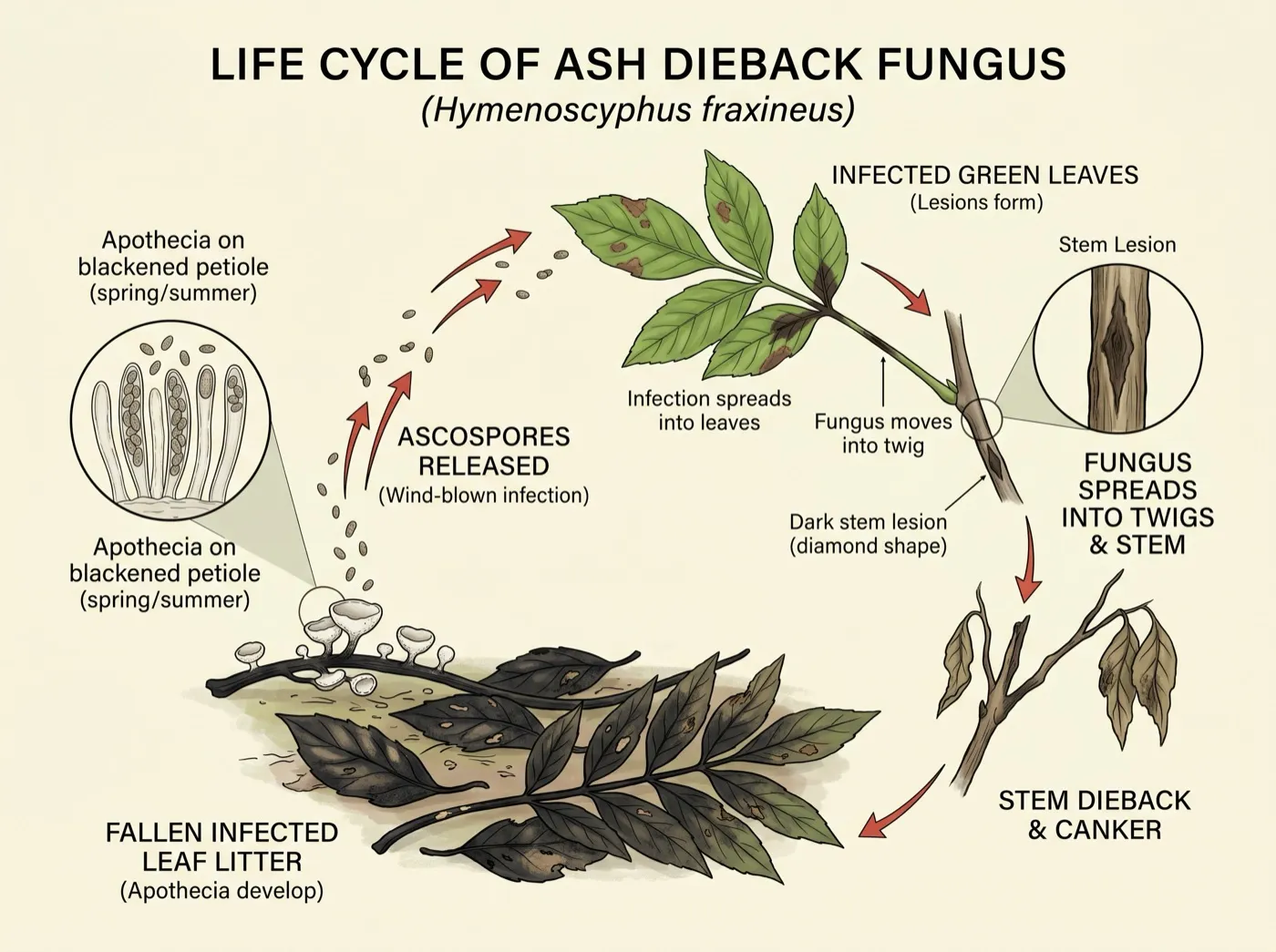 Diagram of the Hymenoscyphus fraxineus life cycle showing fruiting bodies on fallen leaf stalks releasing spores onto ash leaves in summer