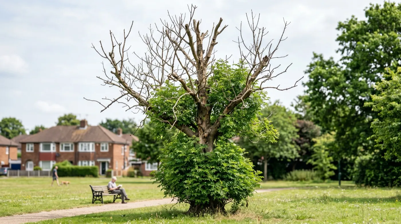 A stag-headed ash tree with bare dead upper branches and bushy epicormic shoots lower down, in a UK suburban park