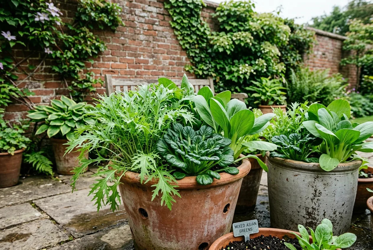 Pak choi, mizuna, and tatsoi Asian greens growing together in containers on a UK patio