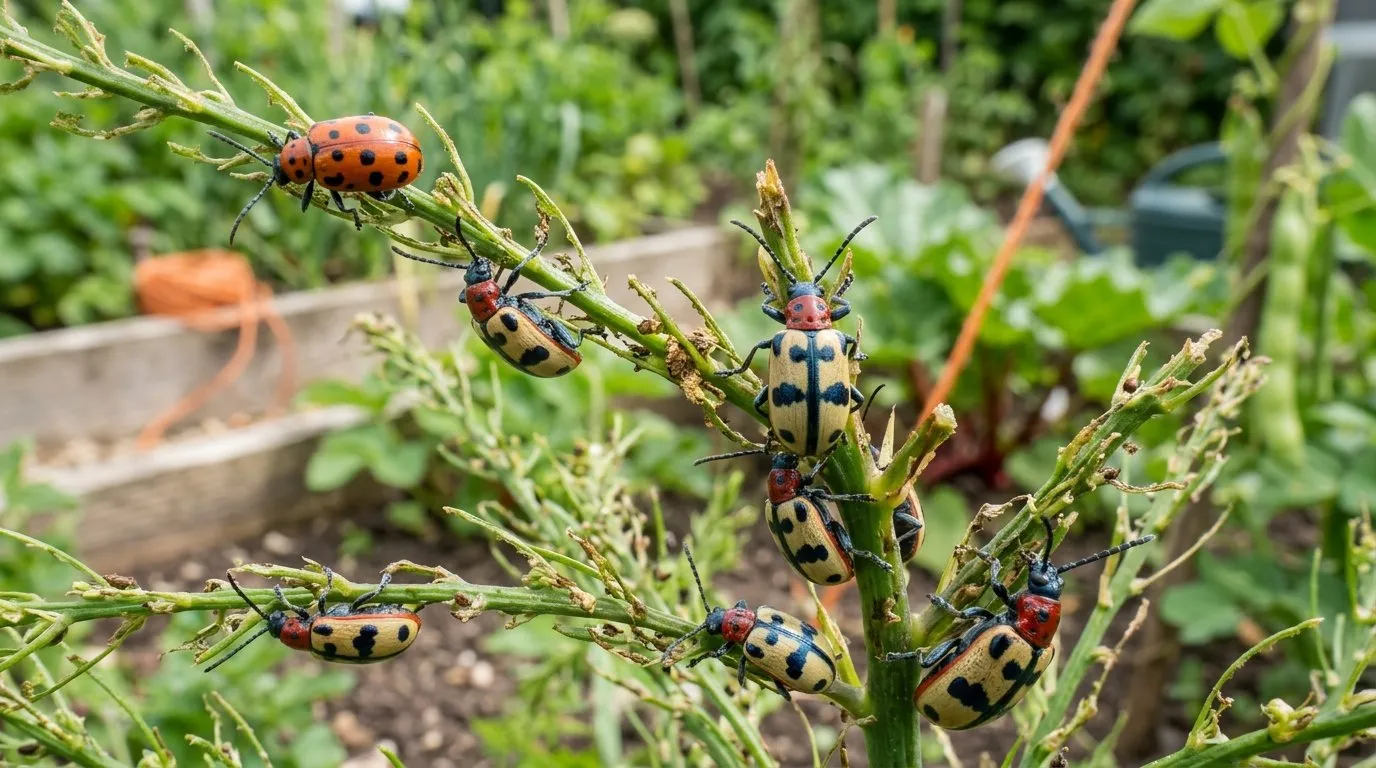 Multiple adult asparagus beetles on damaged asparagus fern in a UK allotment