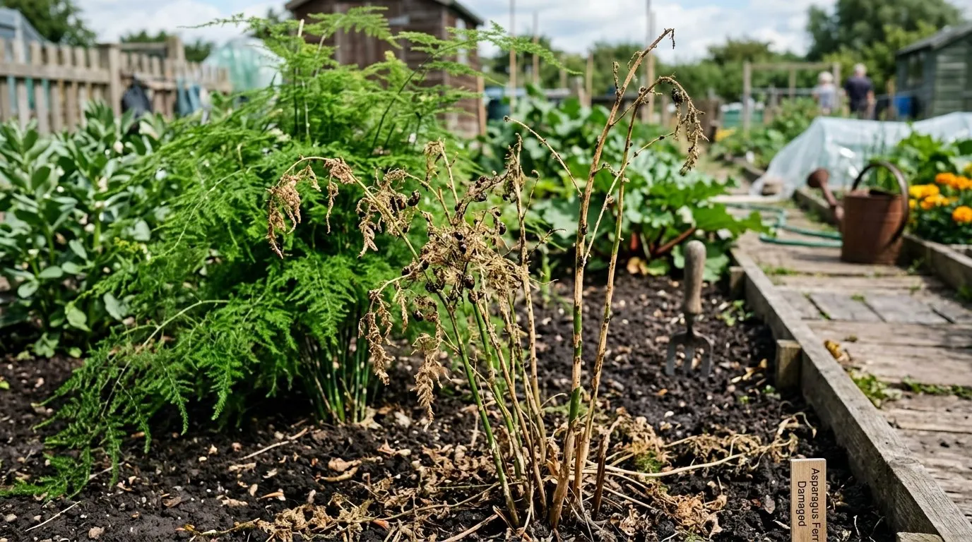 Asparagus fern damage from beetle attack showing defoliated stems and brown patches